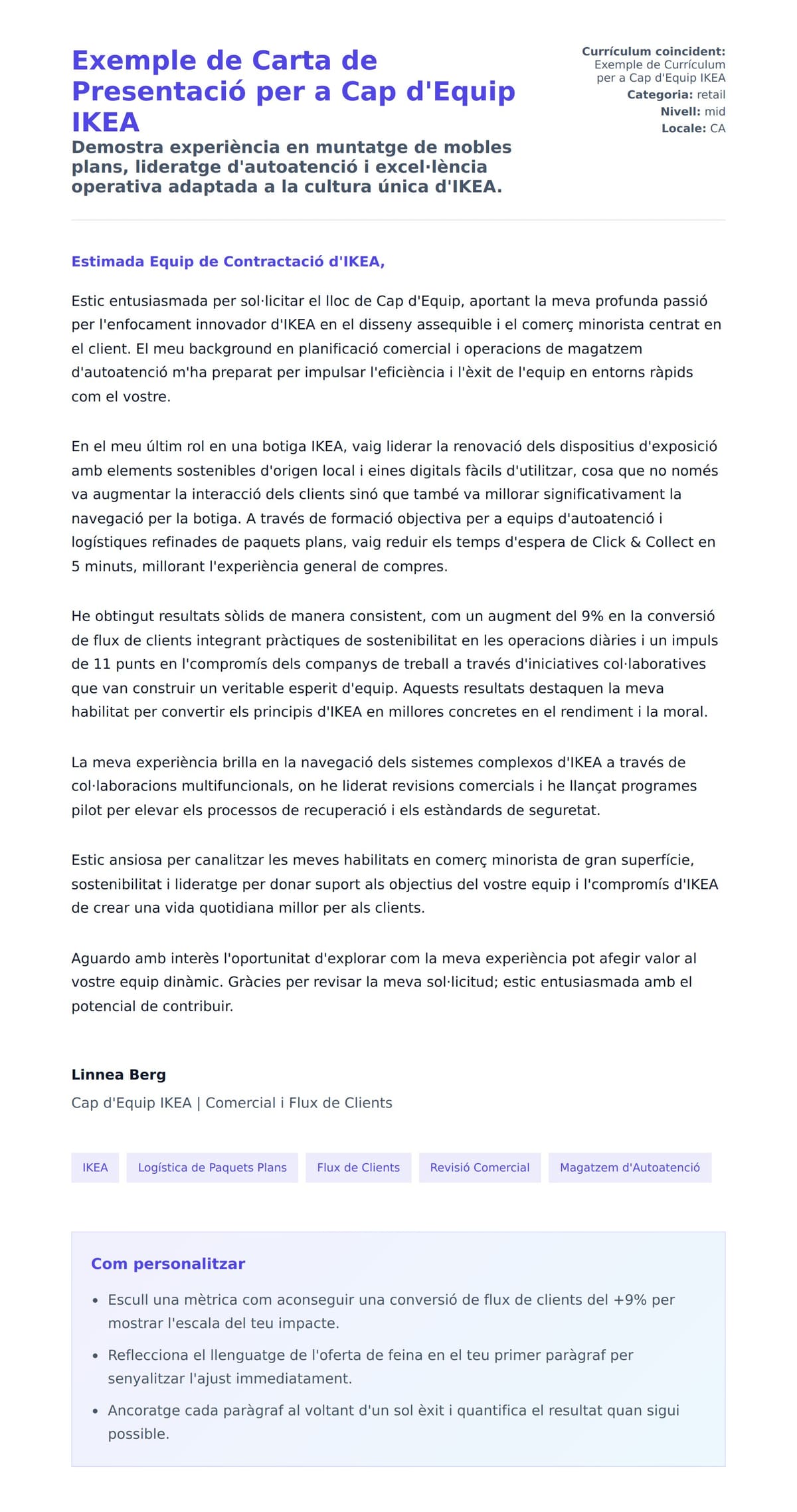 Previsualització de la carta de presentació per a Exemple de Carta de Presentació per a Cap d'Equip IKEA