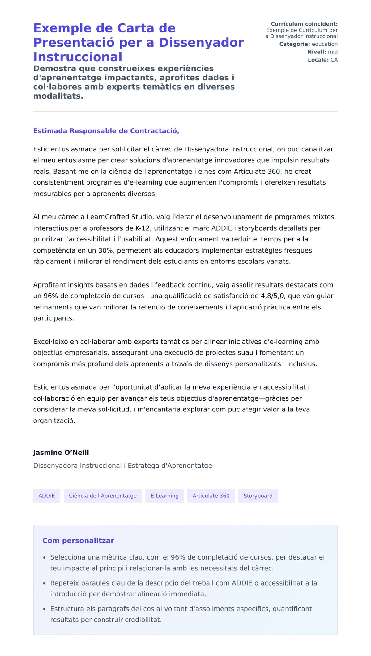 Previsualització de la carta de presentació per a Exemple de Carta de Presentació per a Dissenyador Instruccional