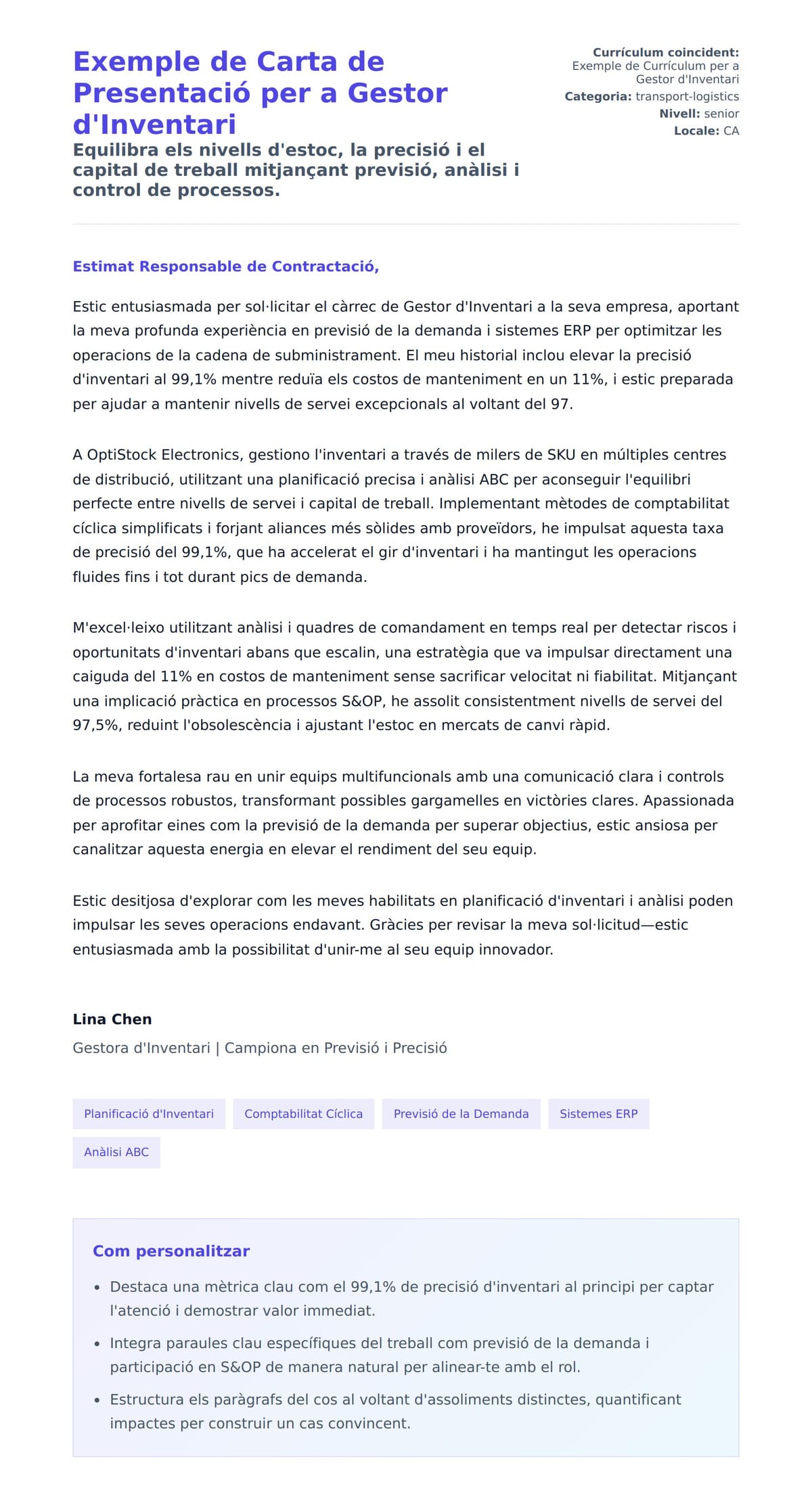 Previsualització de la carta de presentació per a Exemple de Carta de Presentació per a Gestor d'Inventari