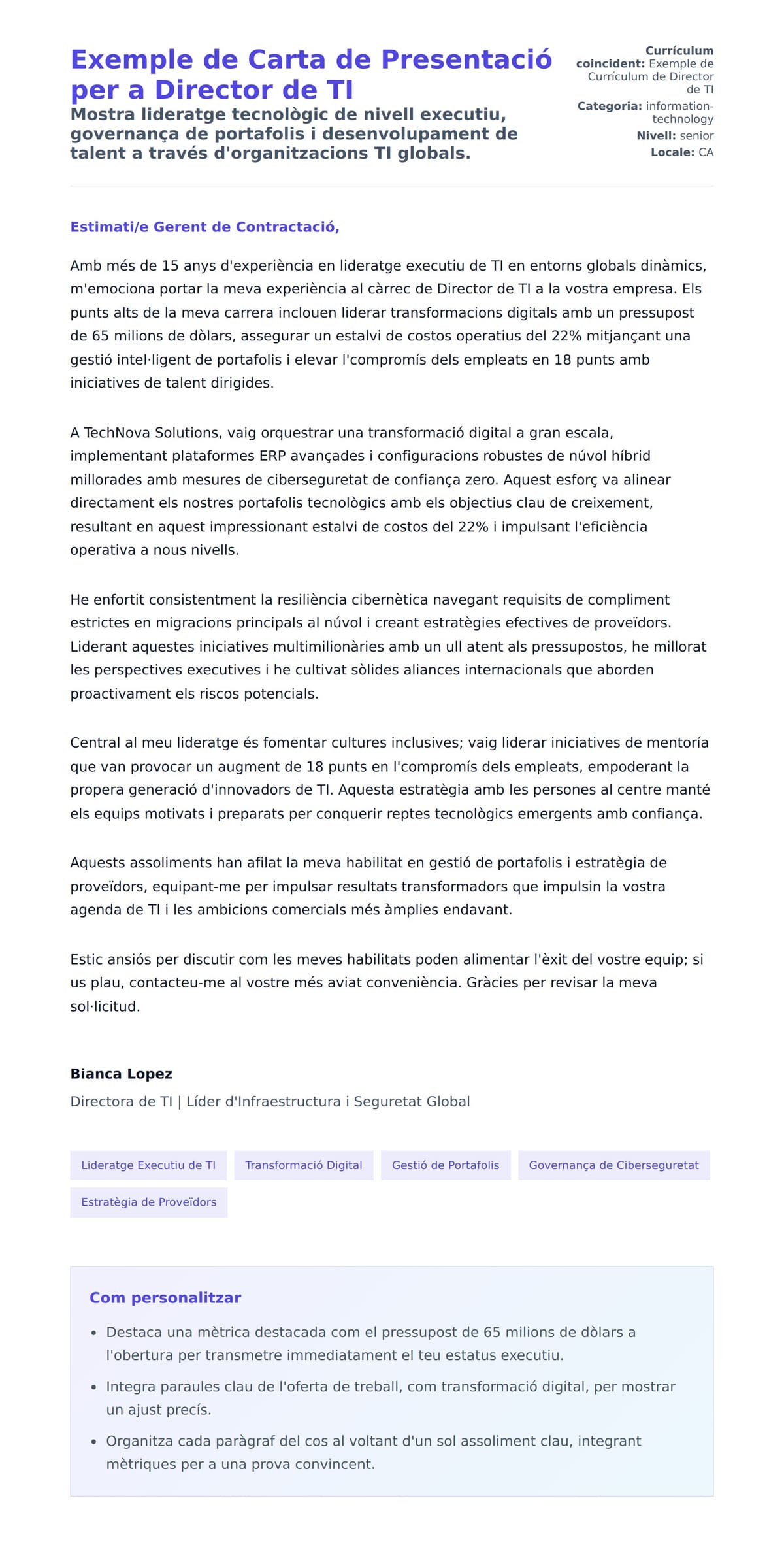 Previsualització de la carta de presentació per a Exemple de Carta de Presentació per a Director de TI