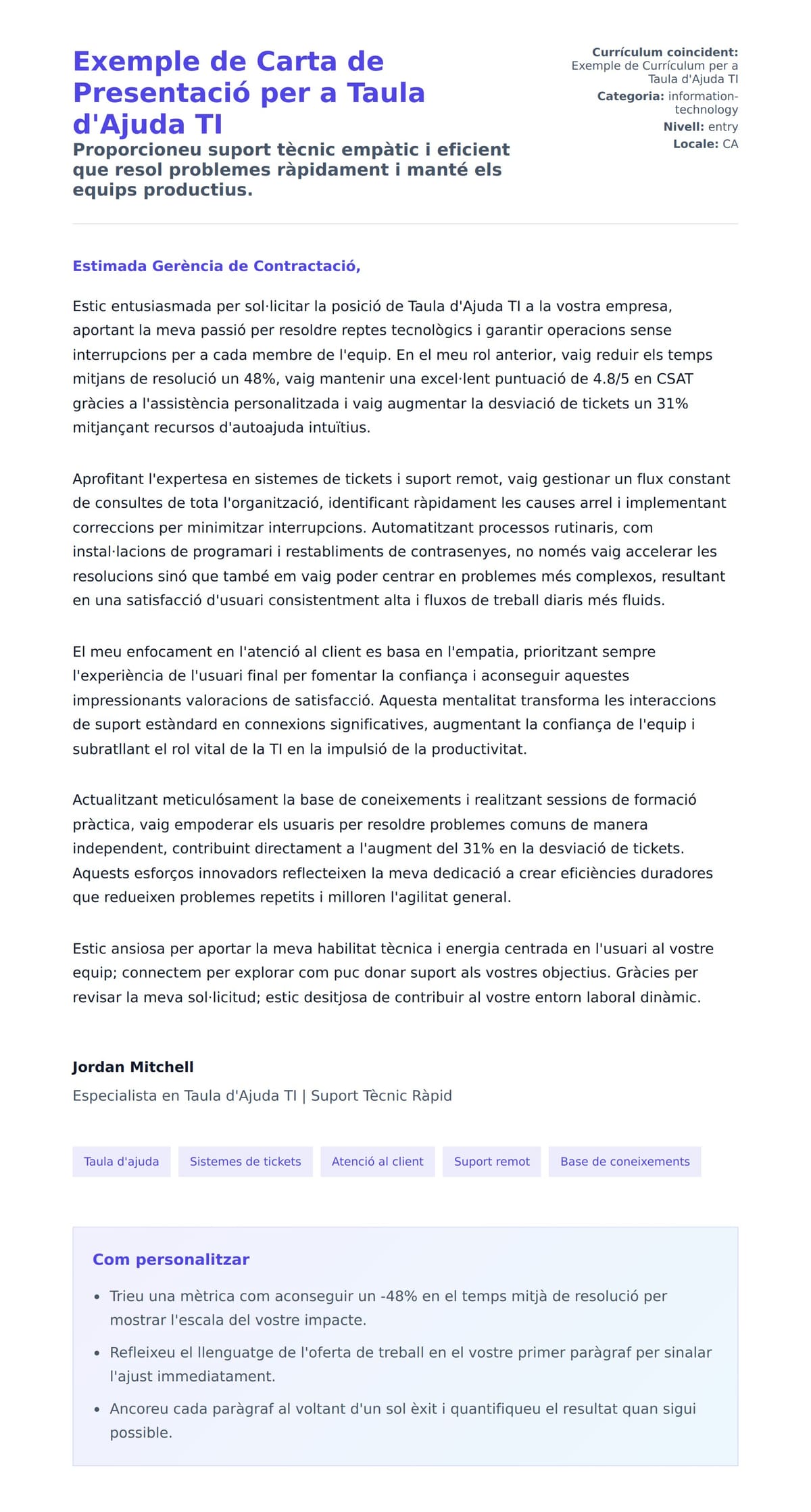 Previsualització de la carta de presentació per a Exemple de Carta de Presentació per a Taula d'Ajuda TI