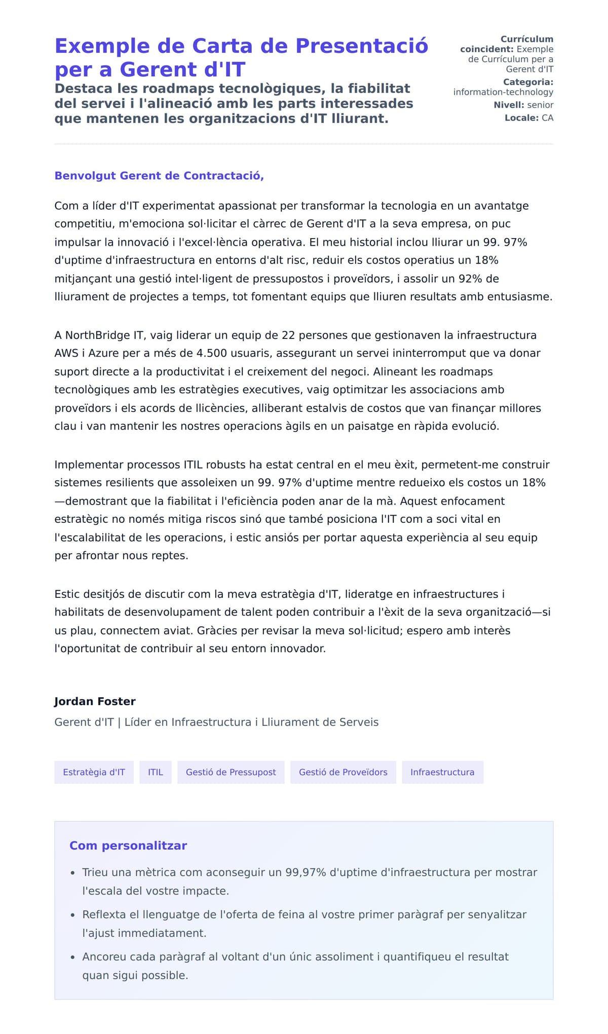 Previsualització de la carta de presentació per a Exemple de Carta de Presentació per a Gerent d'IT