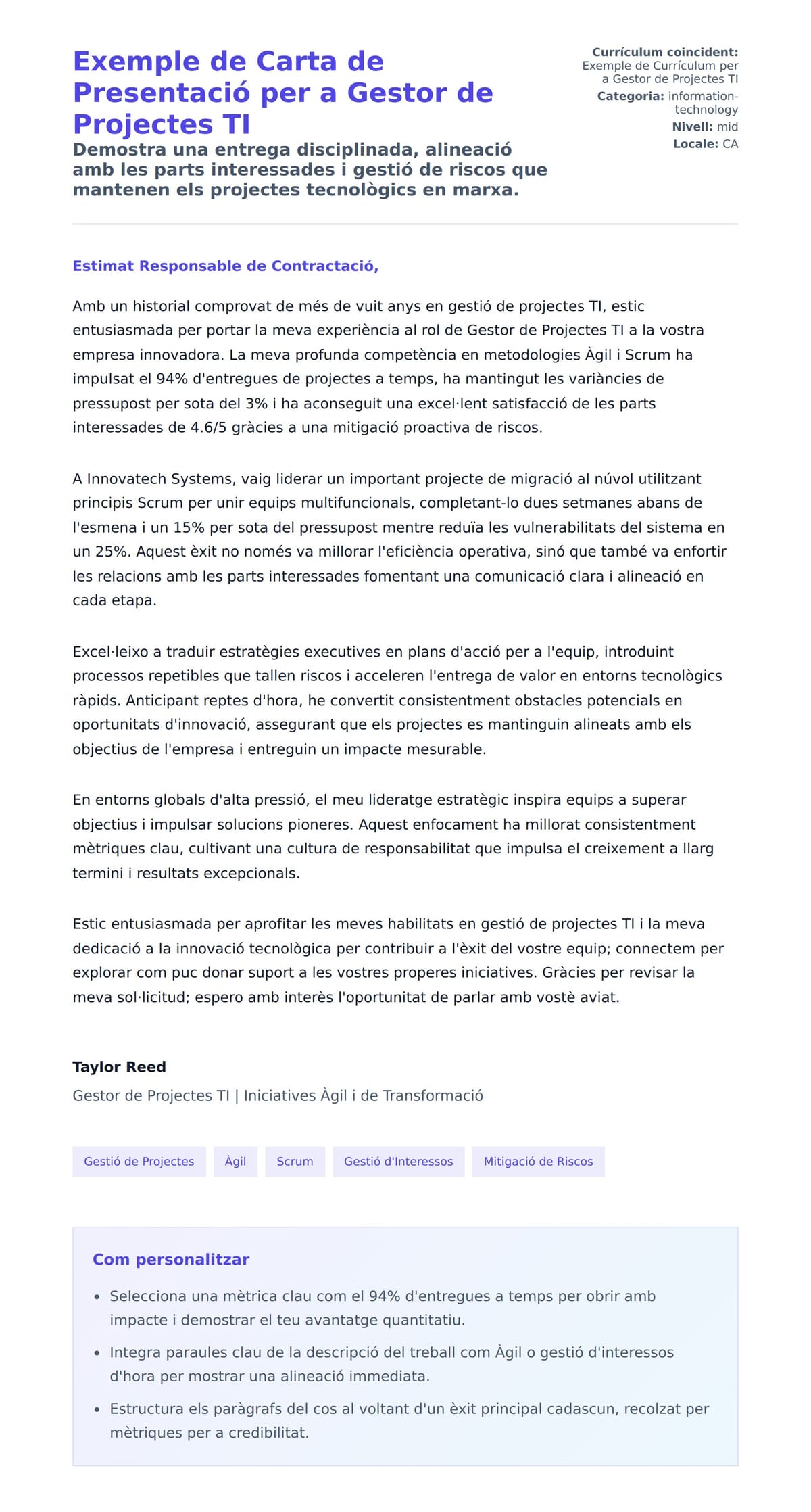 Previsualització de la carta de presentació per a Exemple de Carta de Presentació per a Gestor de Projectes TI