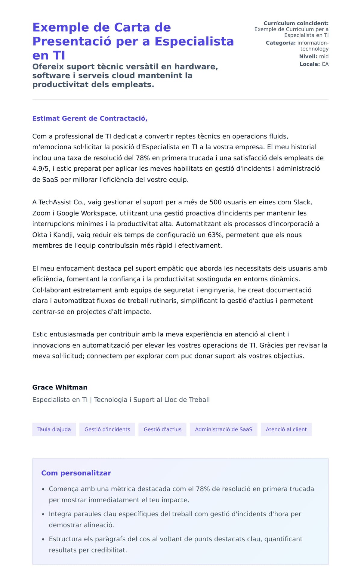 Previsualització de la carta de presentació per a Exemple de Carta de Presentació per a Especialista en TI