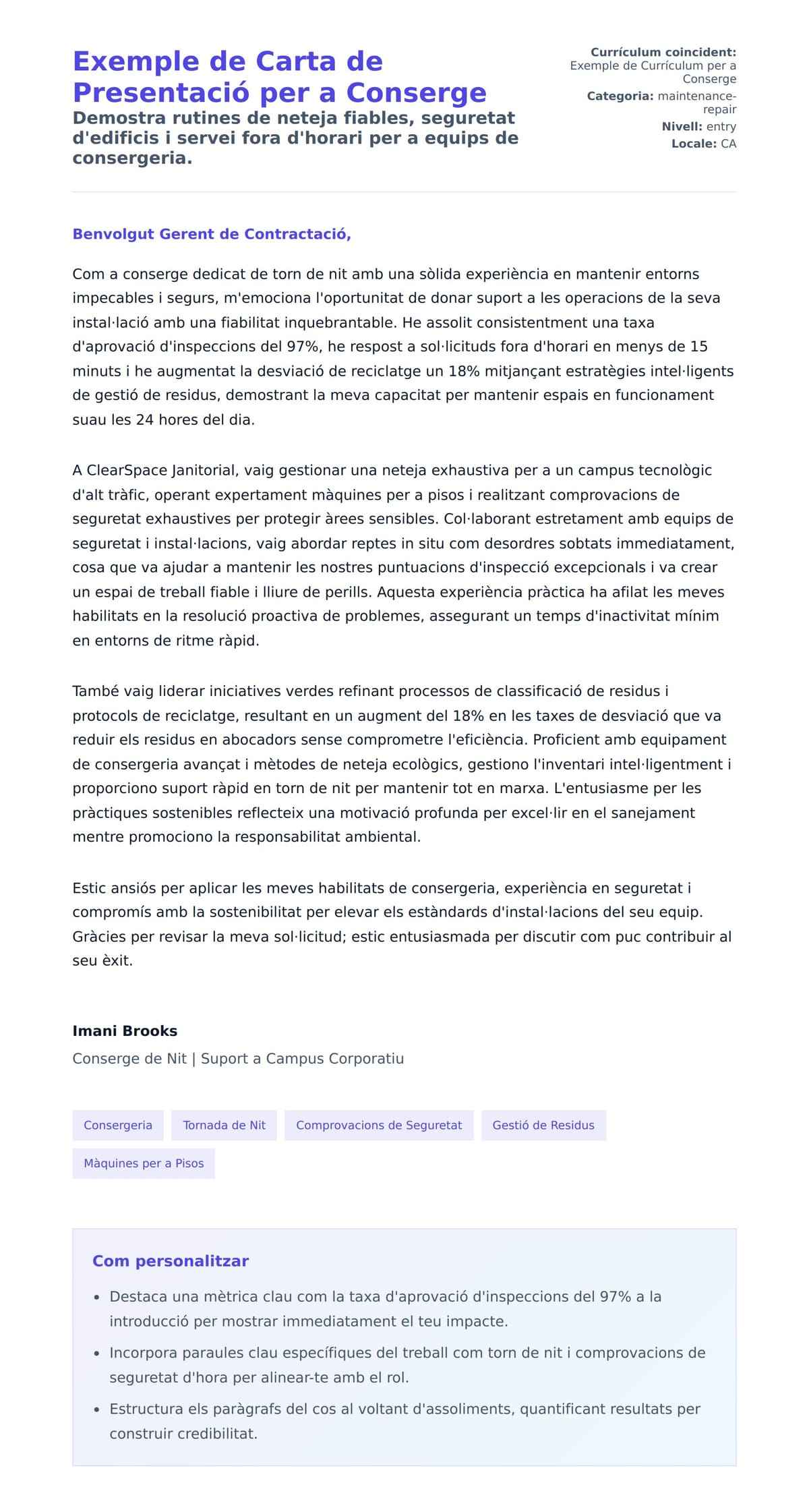 Previsualització de la carta de presentació per a Exemple de Carta de Presentació per a Conserge