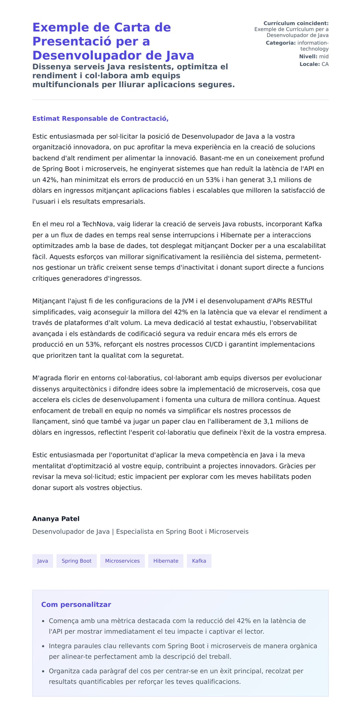 Previsualització de la carta de presentació per a Exemple de Carta de Presentació per a Desenvolupador de Java