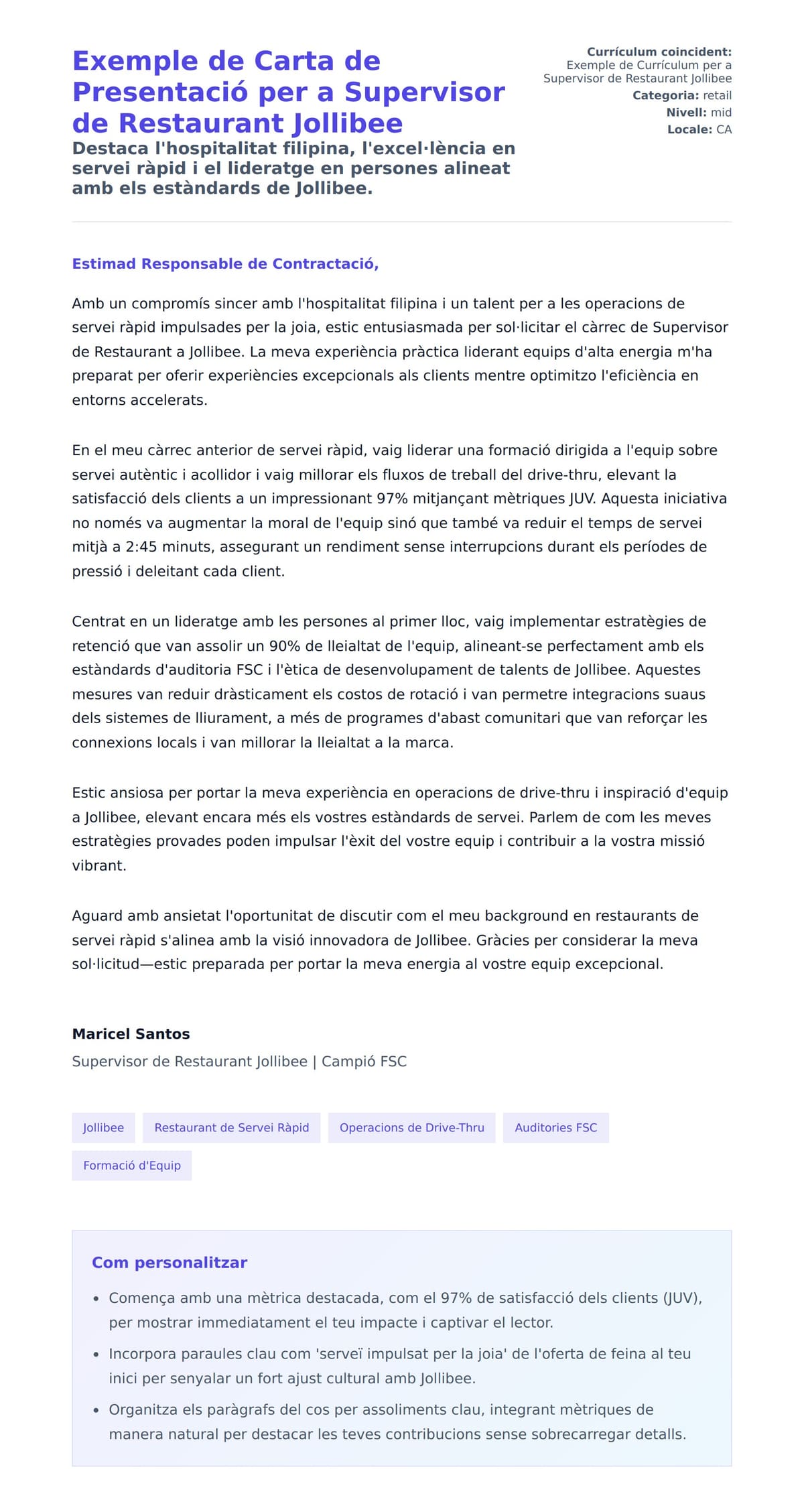 Previsualització de la carta de presentació per a Exemple de Carta de Presentació per a Supervisor de Restaurant Jollibee