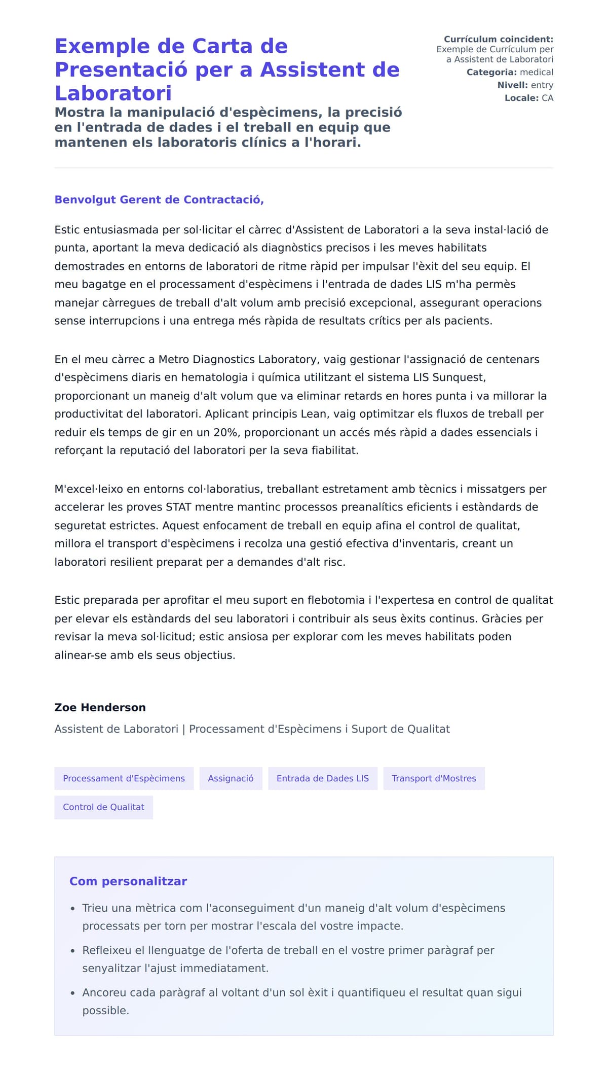 Previsualització de la carta de presentació per a Exemple de Carta de Presentació per a Assistent de Laboratori