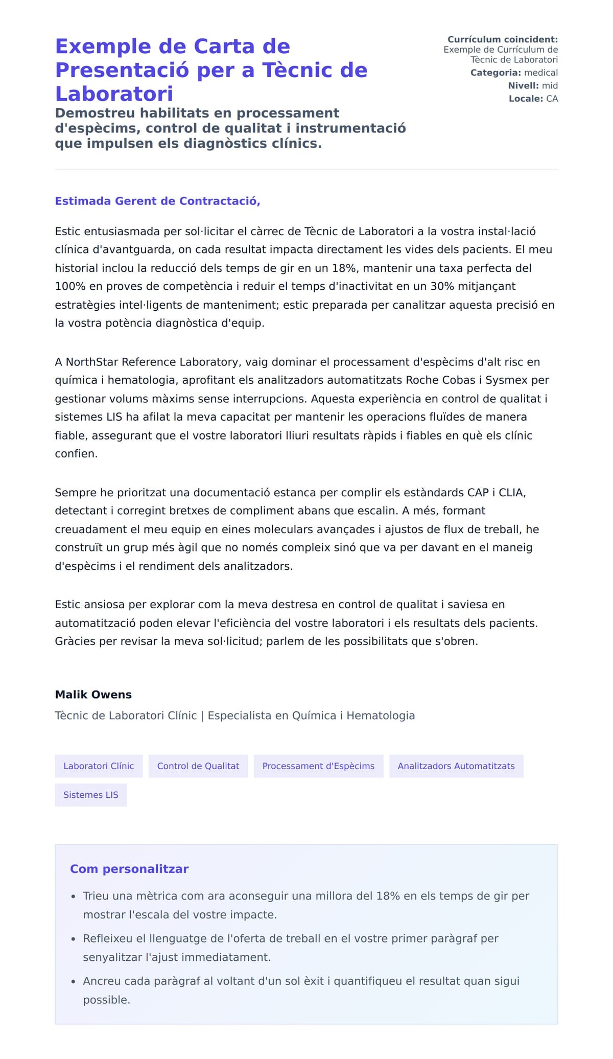 Previsualització de la carta de presentació per a Exemple de Carta de Presentació per a Tècnic de Laboratori