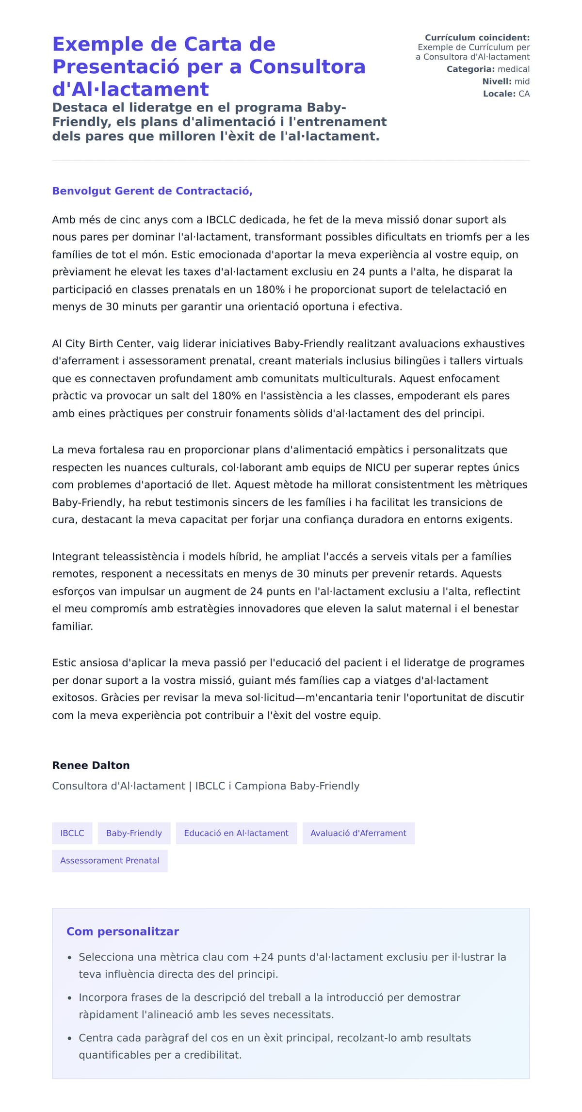 Previsualització de la carta de presentació per a Exemple de Carta de Presentació per a Consultora d'Al·lactament