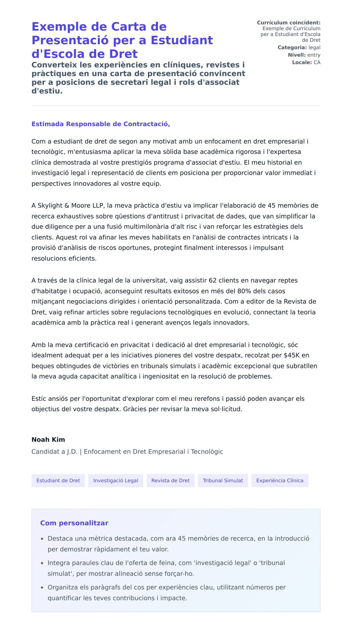 Previsualització de la carta de presentació per a Exemple de Carta de Presentació per a Estudiant d'Escola de Dret