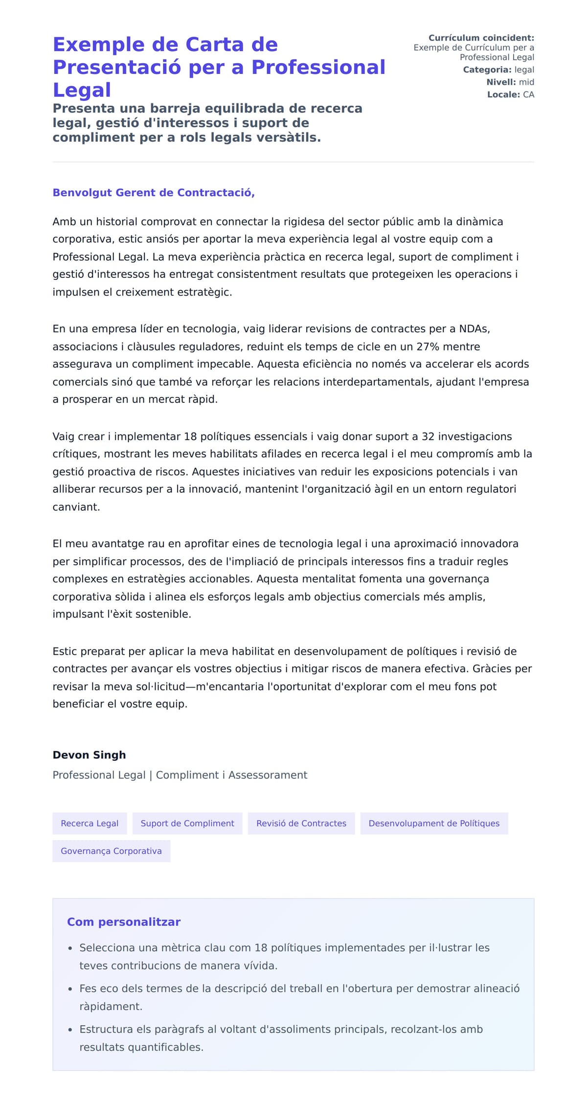 Previsualització de la carta de presentació per a Exemple de Carta de Presentació per a Professional Legal