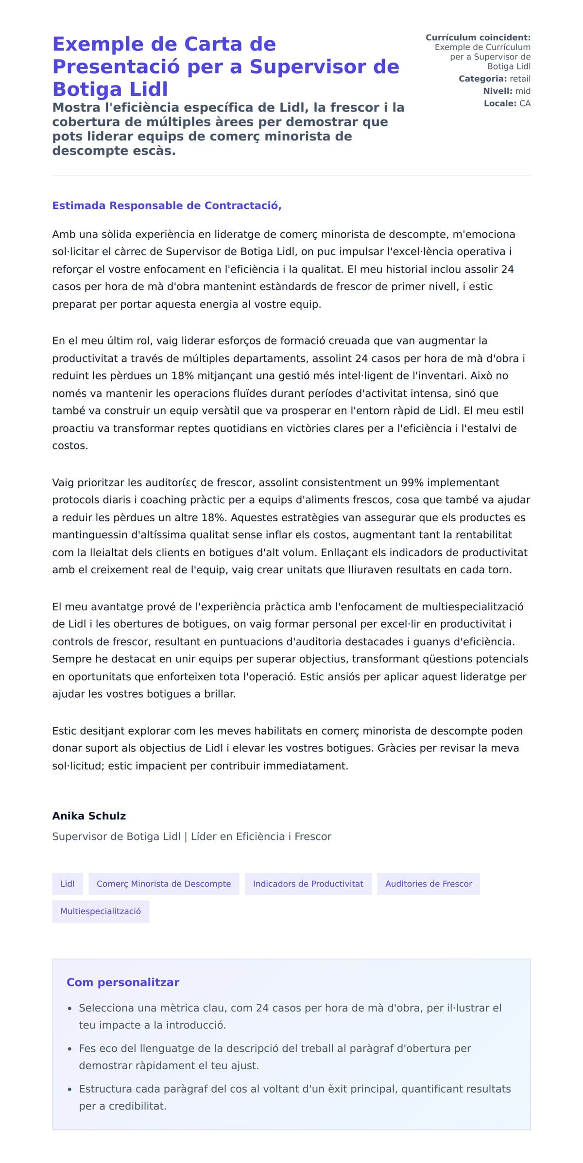 Previsualització de la carta de presentació per a Exemple de Carta de Presentació per a Supervisor de Botiga Lidl