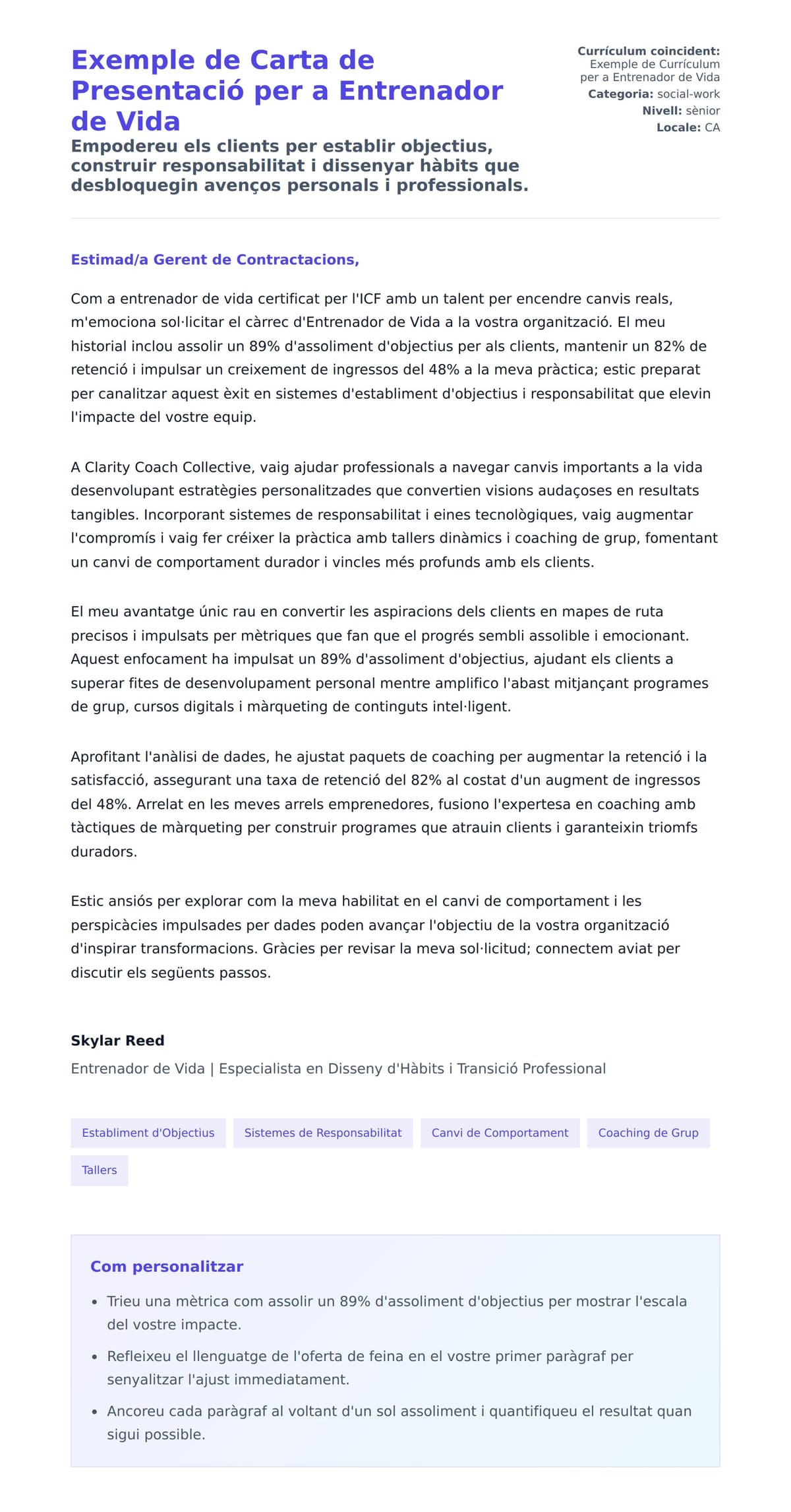 Previsualització de la carta de presentació per a Exemple de Carta de Presentació per a Entrenador de Vida