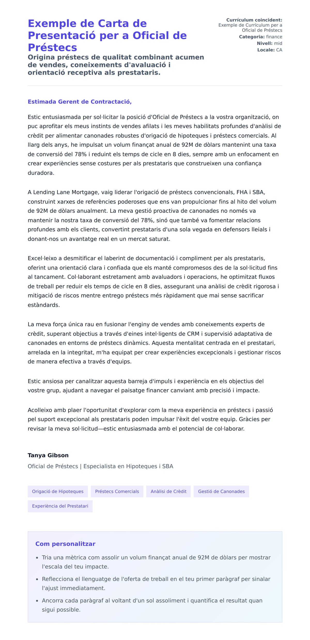 Previsualització de la carta de presentació per a Exemple de Carta de Presentació per a Oficial de Préstecs