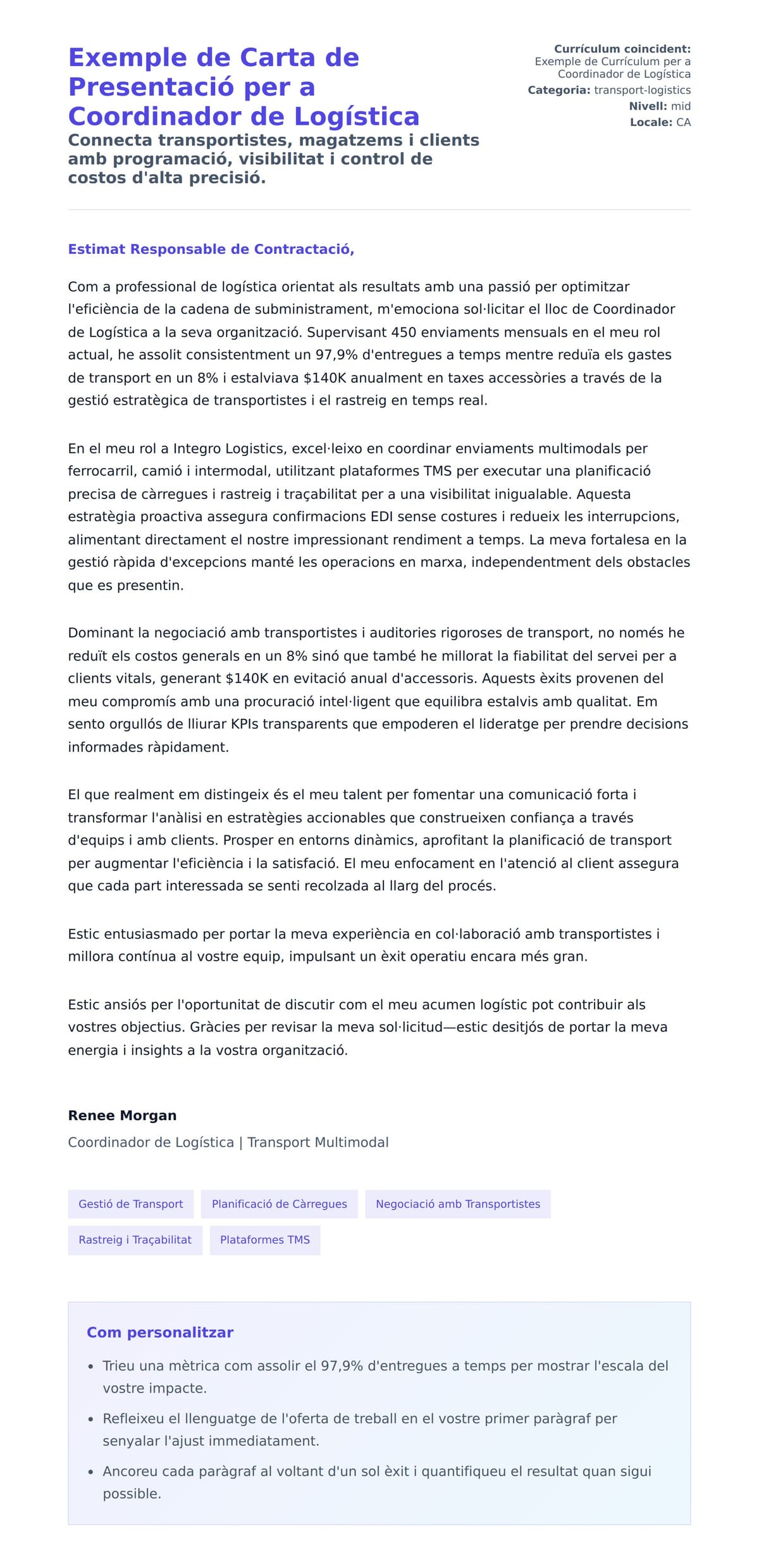 Previsualització de la carta de presentació per a Exemple de Carta de Presentació per a Coordinador de Logística