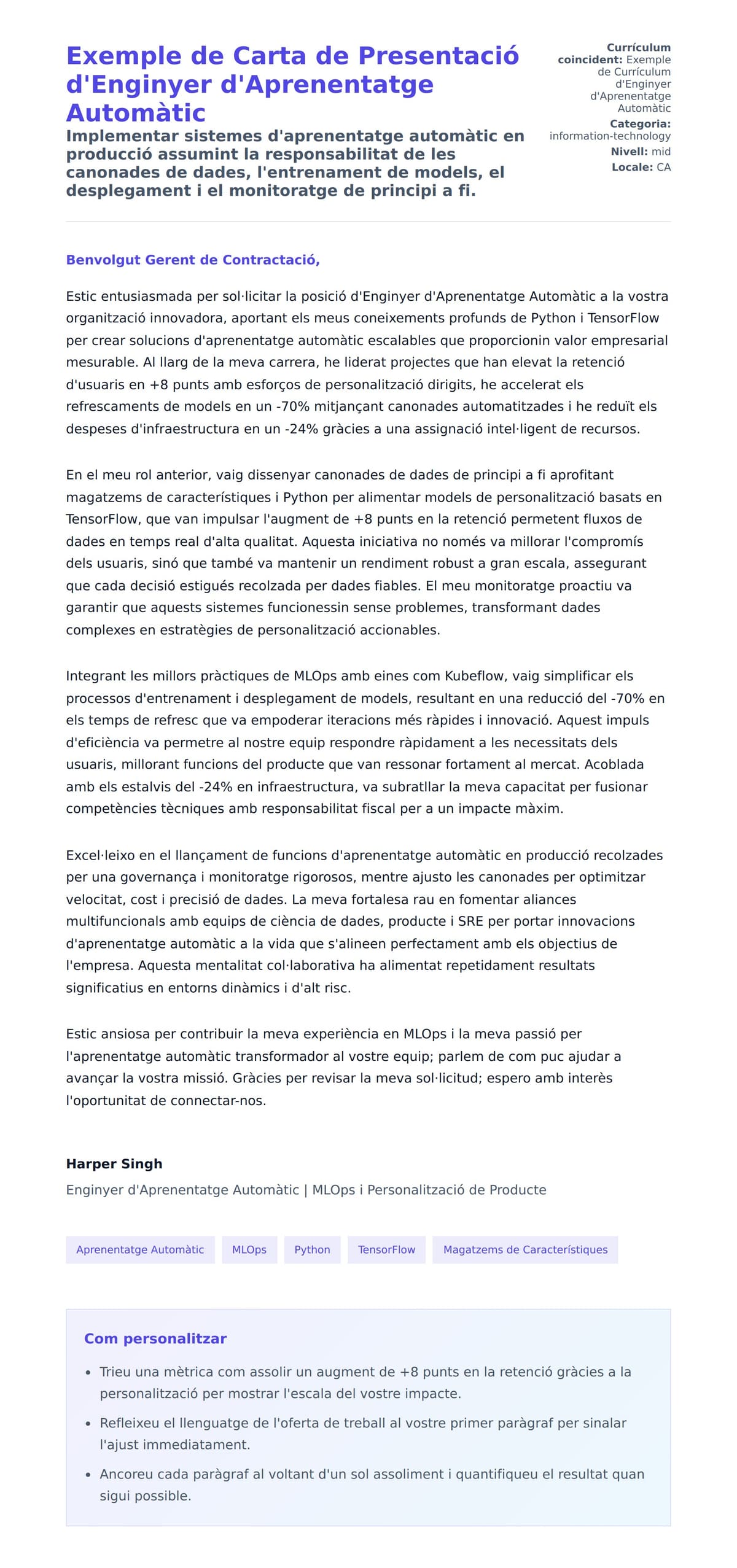 Previsualització de la carta de presentació per a Exemple de Carta de Presentació d'Enginyer d'Aprenentatge Automàtic