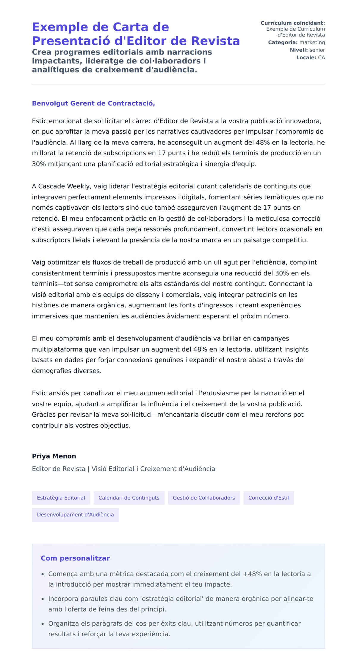 Previsualització de la carta de presentació per a Exemple de Carta de Presentació d'Editor de Revista