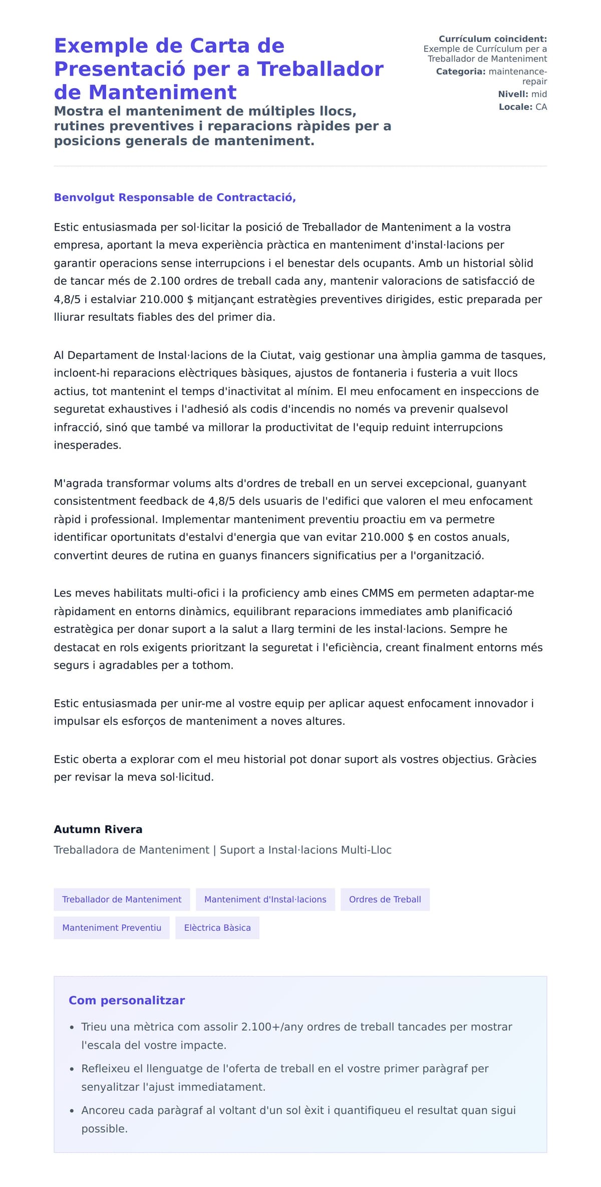 Previsualització de la carta de presentació per a Exemple de Carta de Presentació per a Treballador de Manteniment