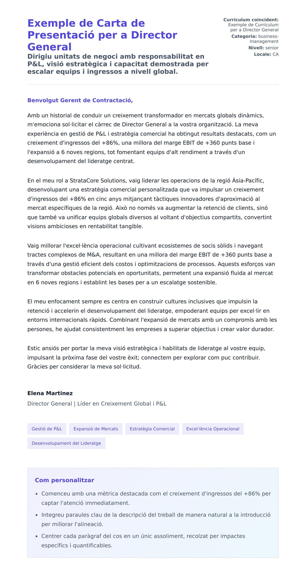 Previsualització de la carta de presentació per a Exemple de Carta de Presentació per a Director General