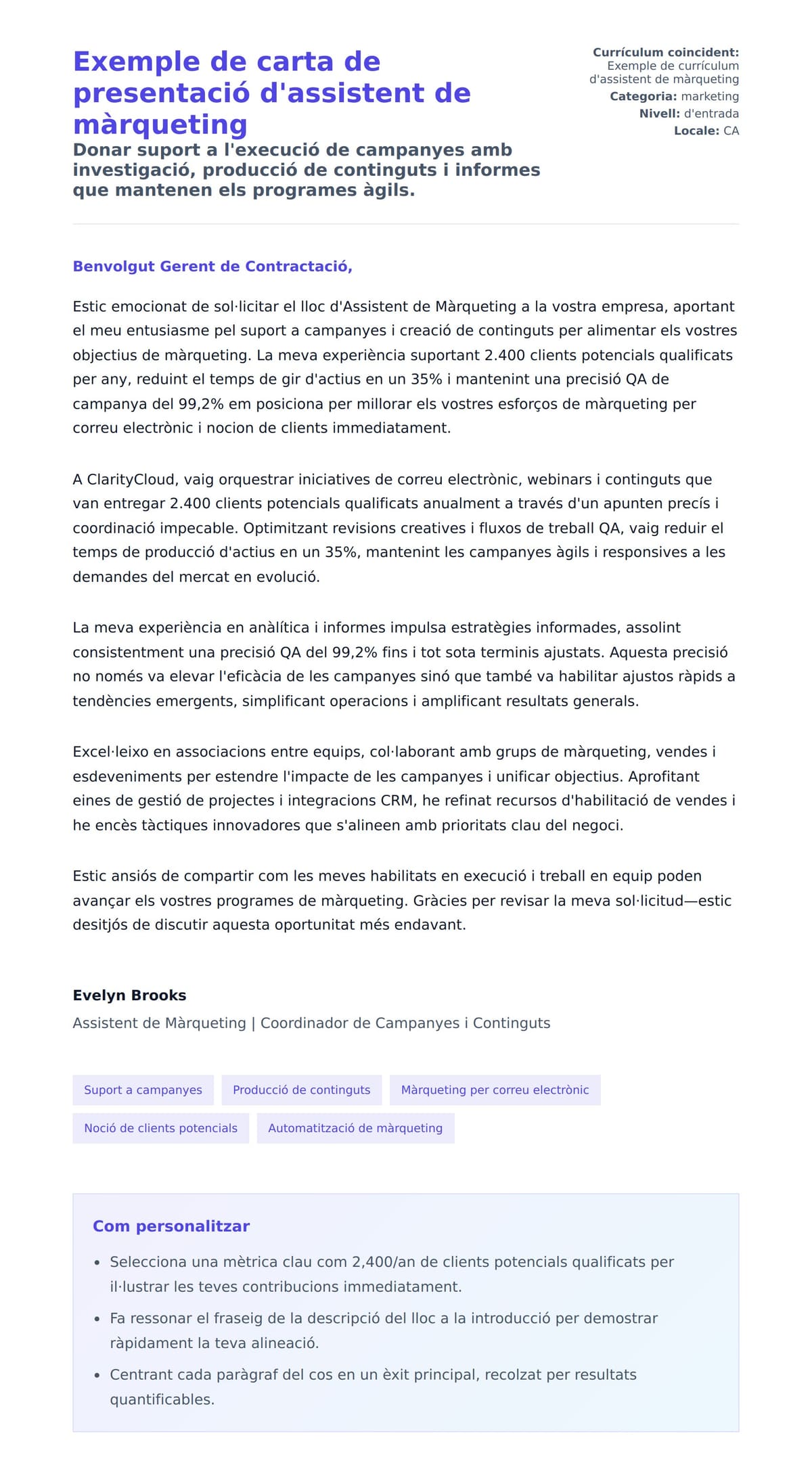 Previsualització de la carta de presentació per a Exemple de carta de presentació d'assistent de màrqueting