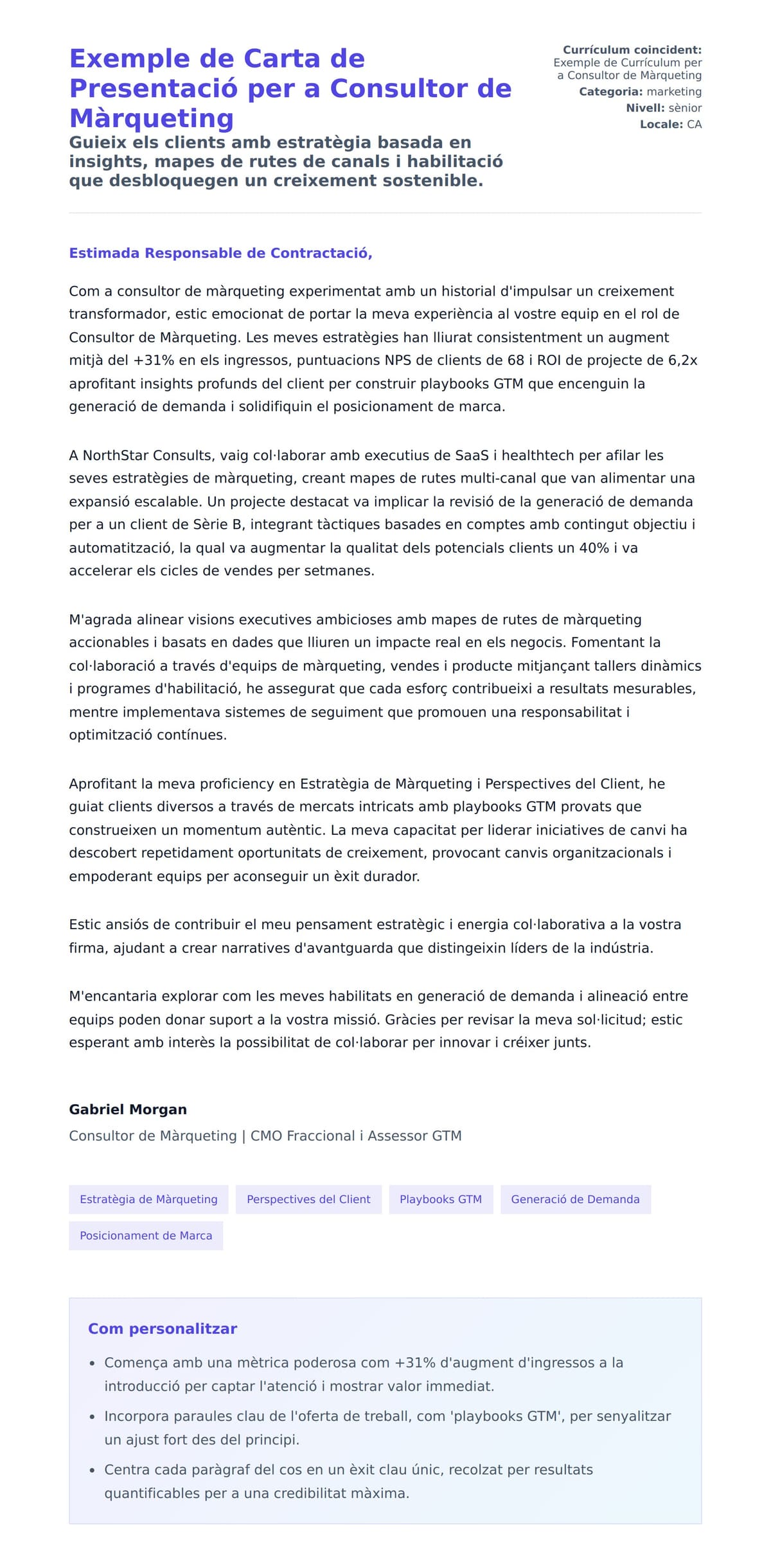 Previsualització de la carta de presentació per a Exemple de Carta de Presentació per a Consultor de Màrqueting