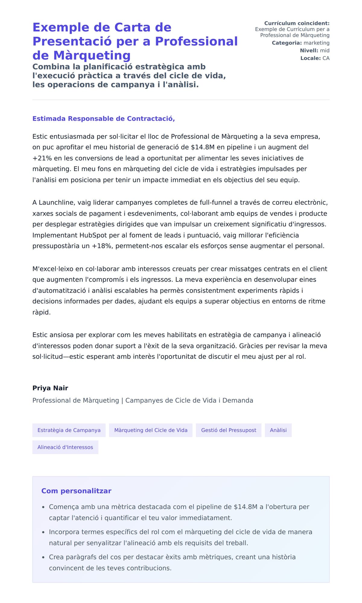 Previsualització de la carta de presentació per a Exemple de Carta de Presentació per a Professional de Màrqueting