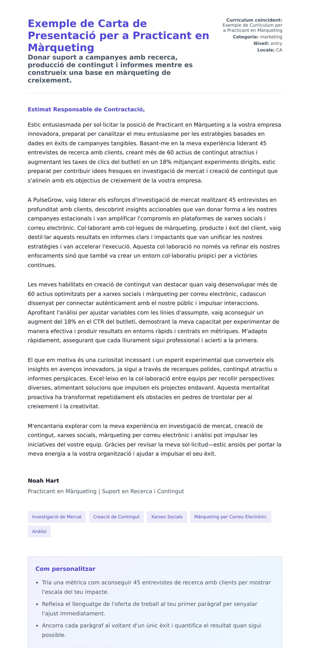 Previsualització de la carta de presentació per a Exemple de Carta de Presentació per a Practicant en Màrqueting