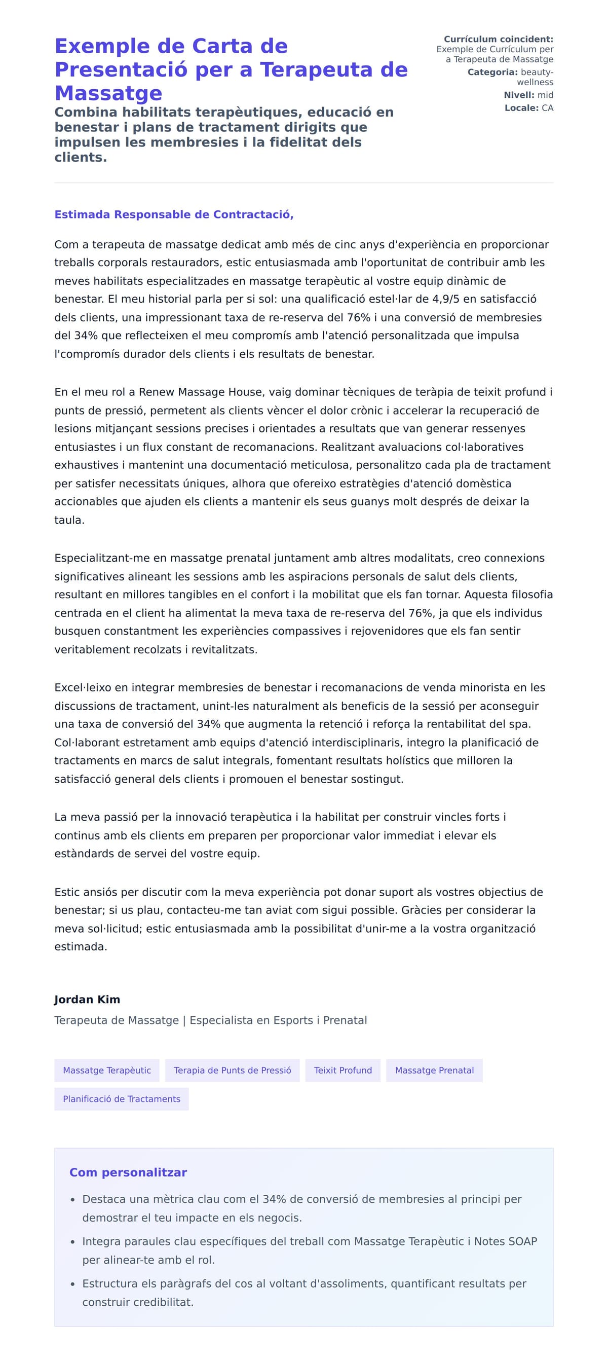 Exemple de Carta de Presentació per a Terapeuta de Massatge