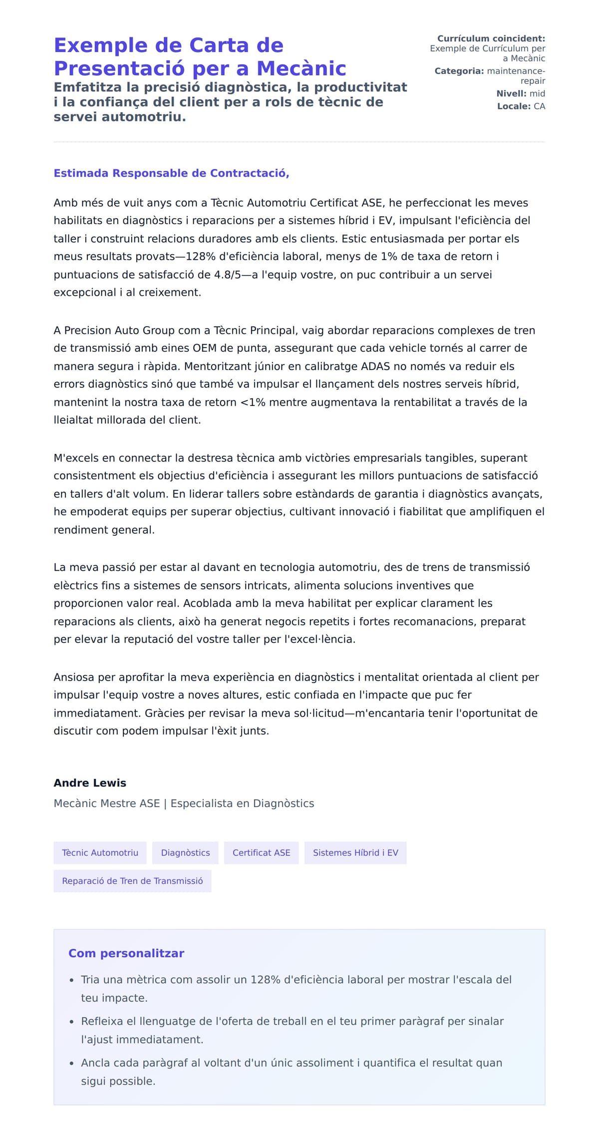 Previsualització de la carta de presentació per a Exemple de Carta de Presentació per a Mecànic