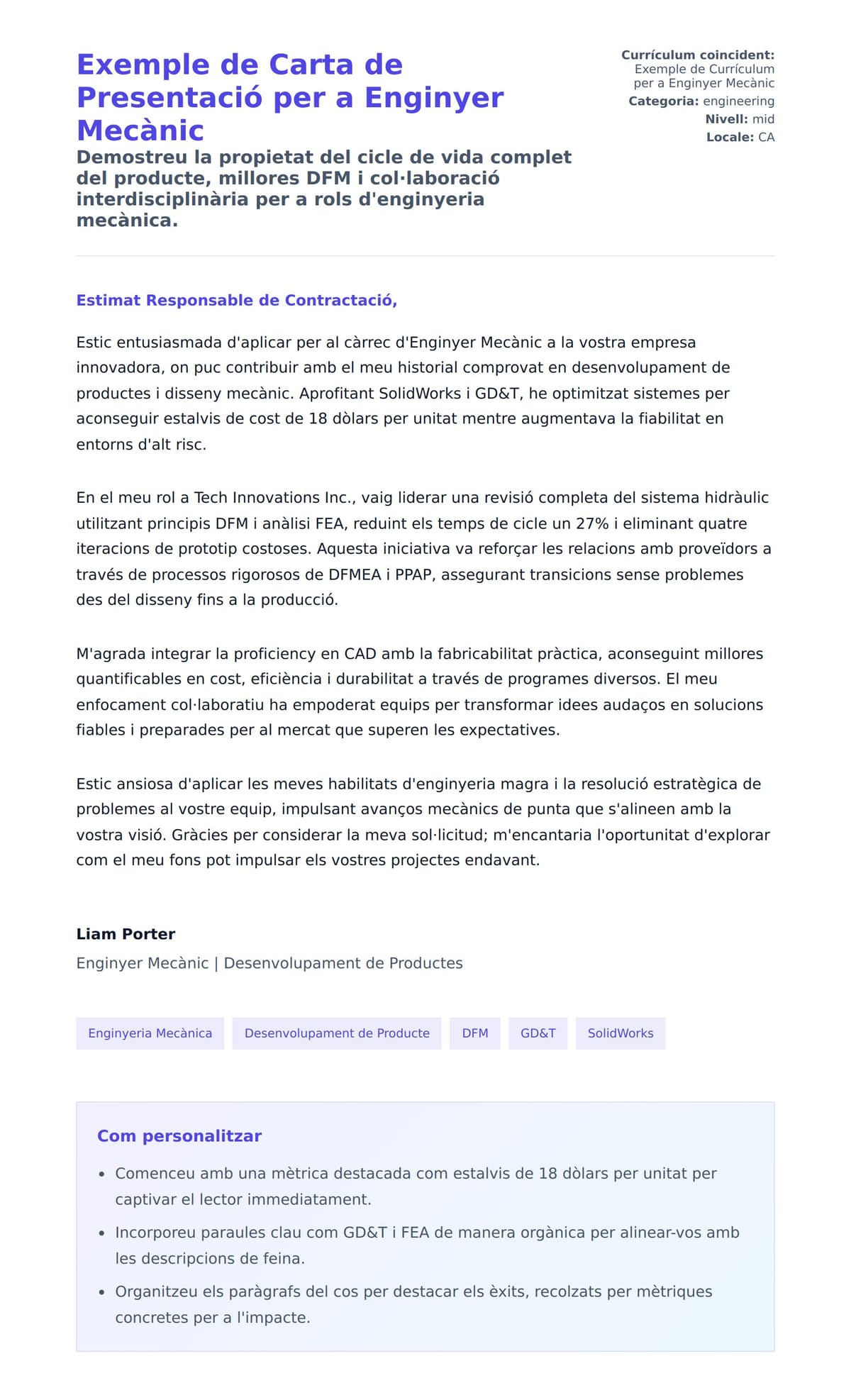 Previsualització de la carta de presentació per a Exemple de Carta de Presentació per a Enginyer Mecànic