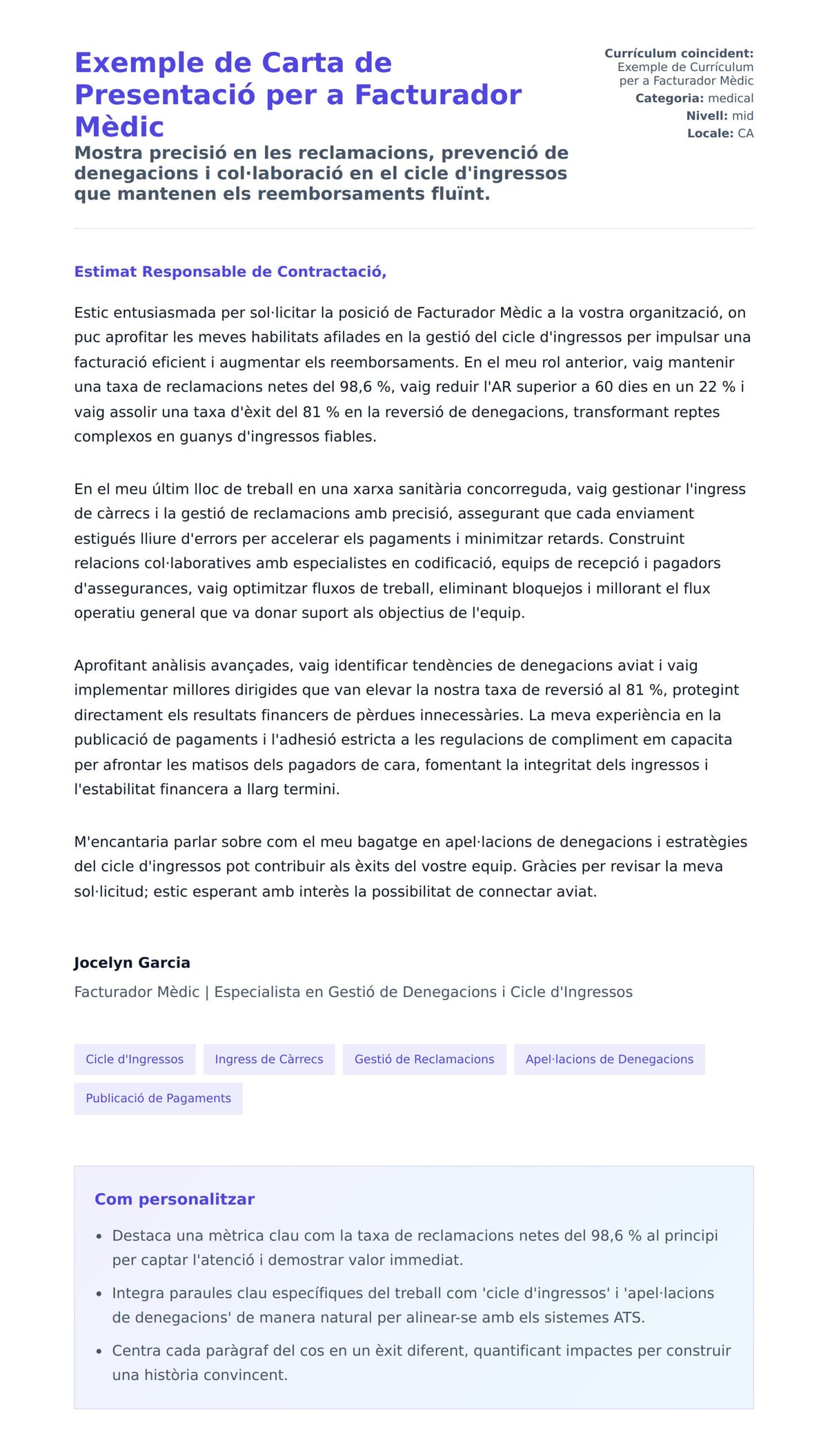 Previsualització de la carta de presentació per a Exemple de Carta de Presentació per a Facturador Mèdic