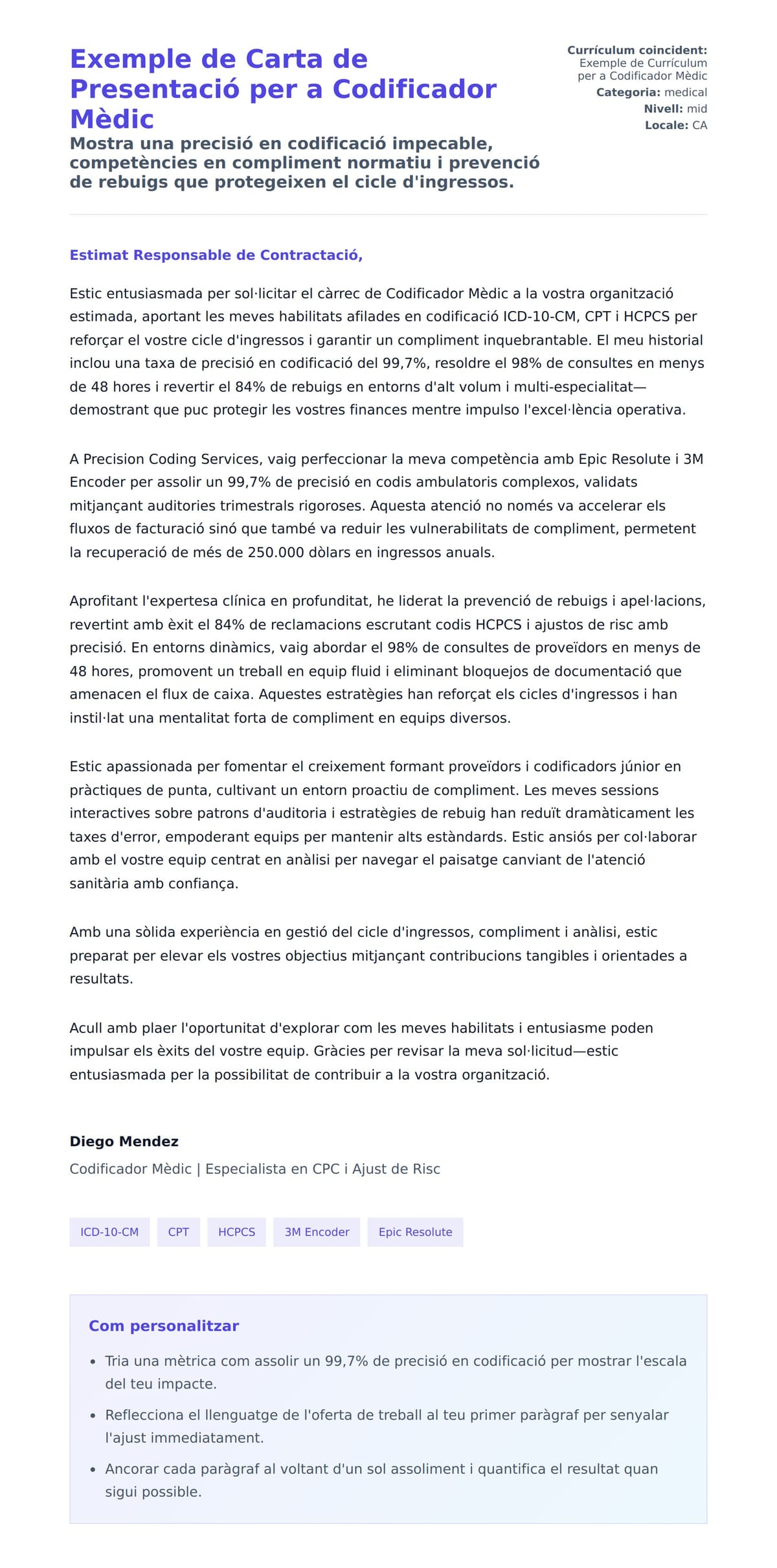 Previsualització de la carta de presentació per a Exemple de Carta de Presentació per a Codificador Mèdic