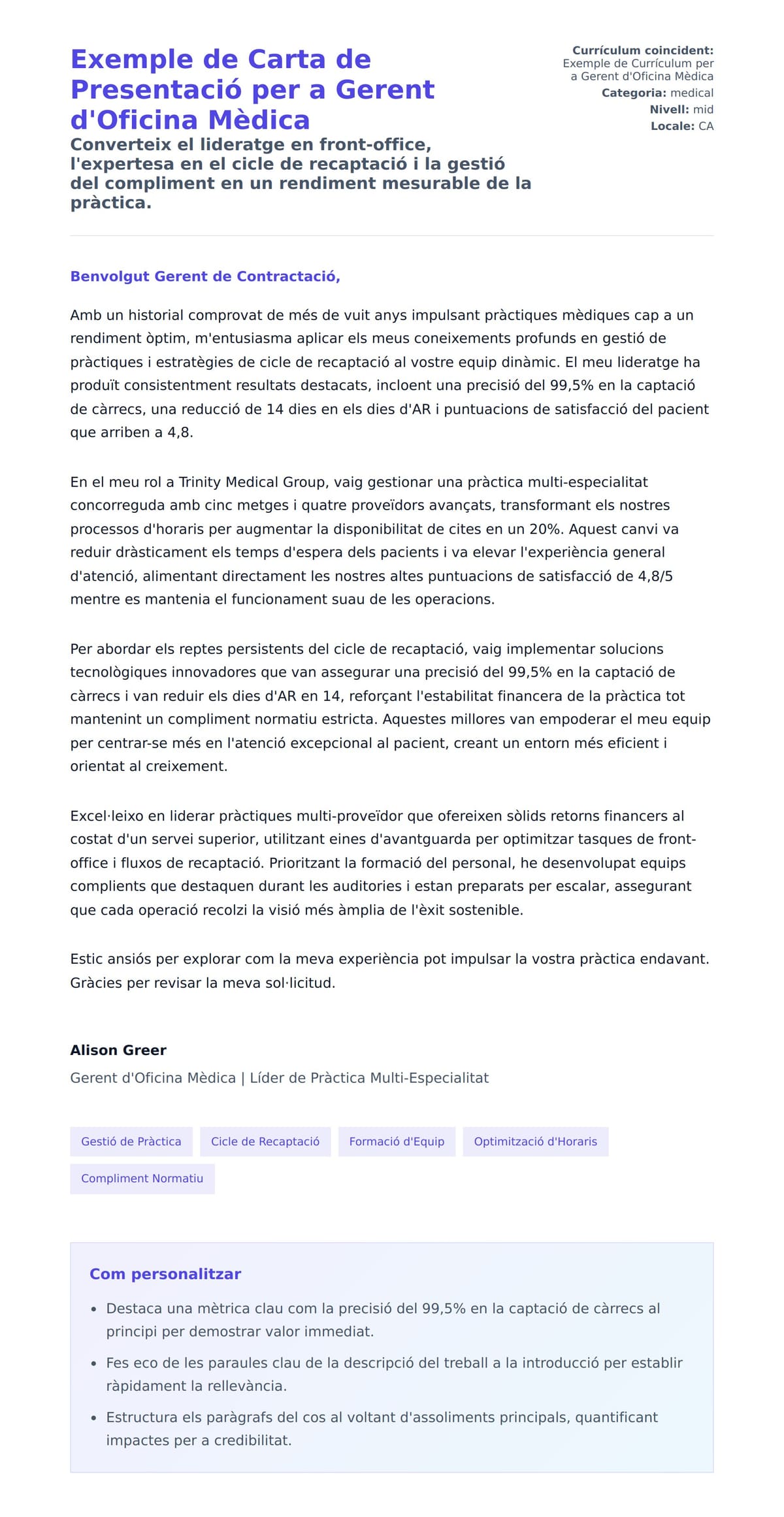 Previsualització de la carta de presentació per a Exemple de Carta de Presentació per a Gerent d'Oficina Mèdica