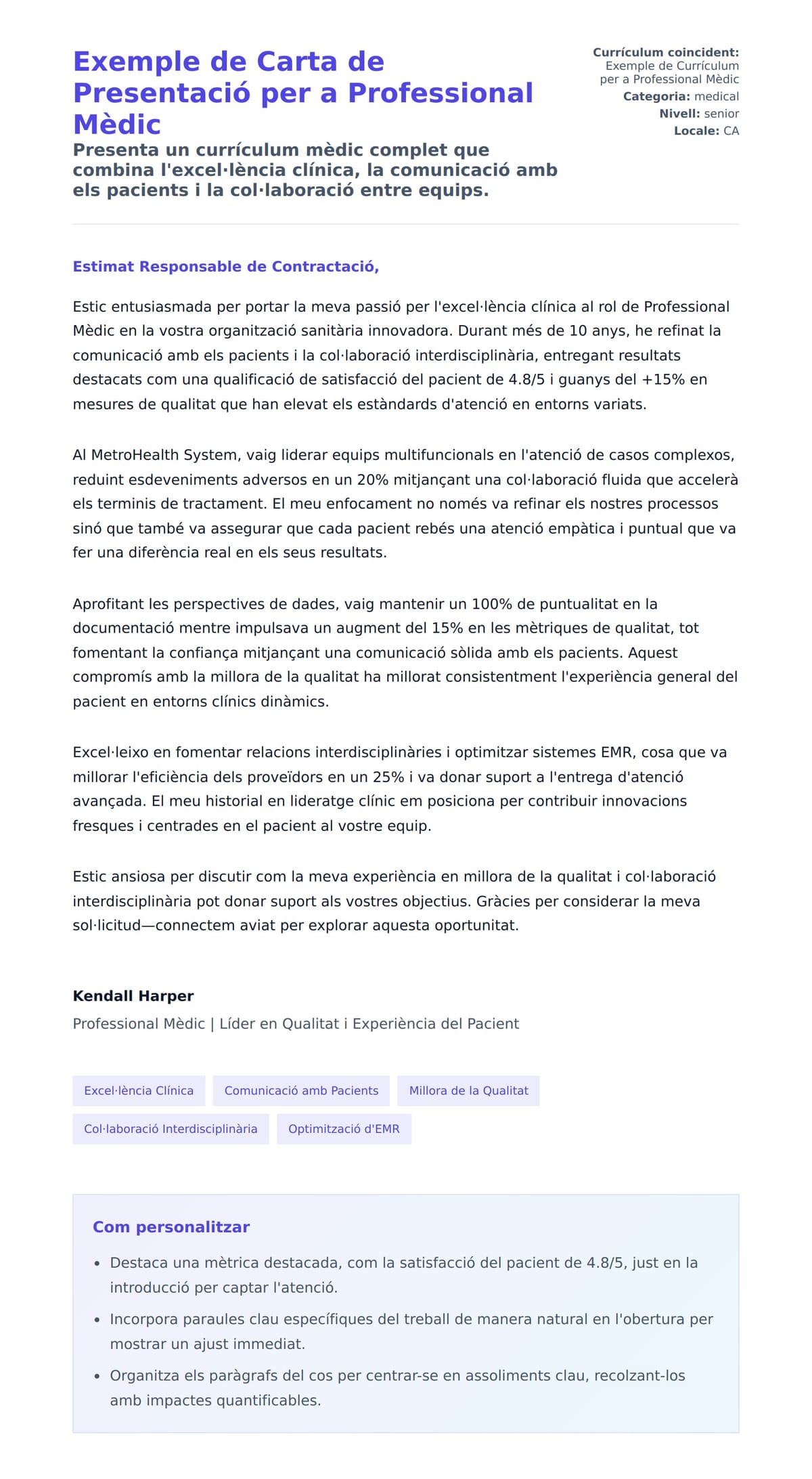 Previsualització de la carta de presentació per a Exemple de Carta de Presentació per a Professional Mèdic