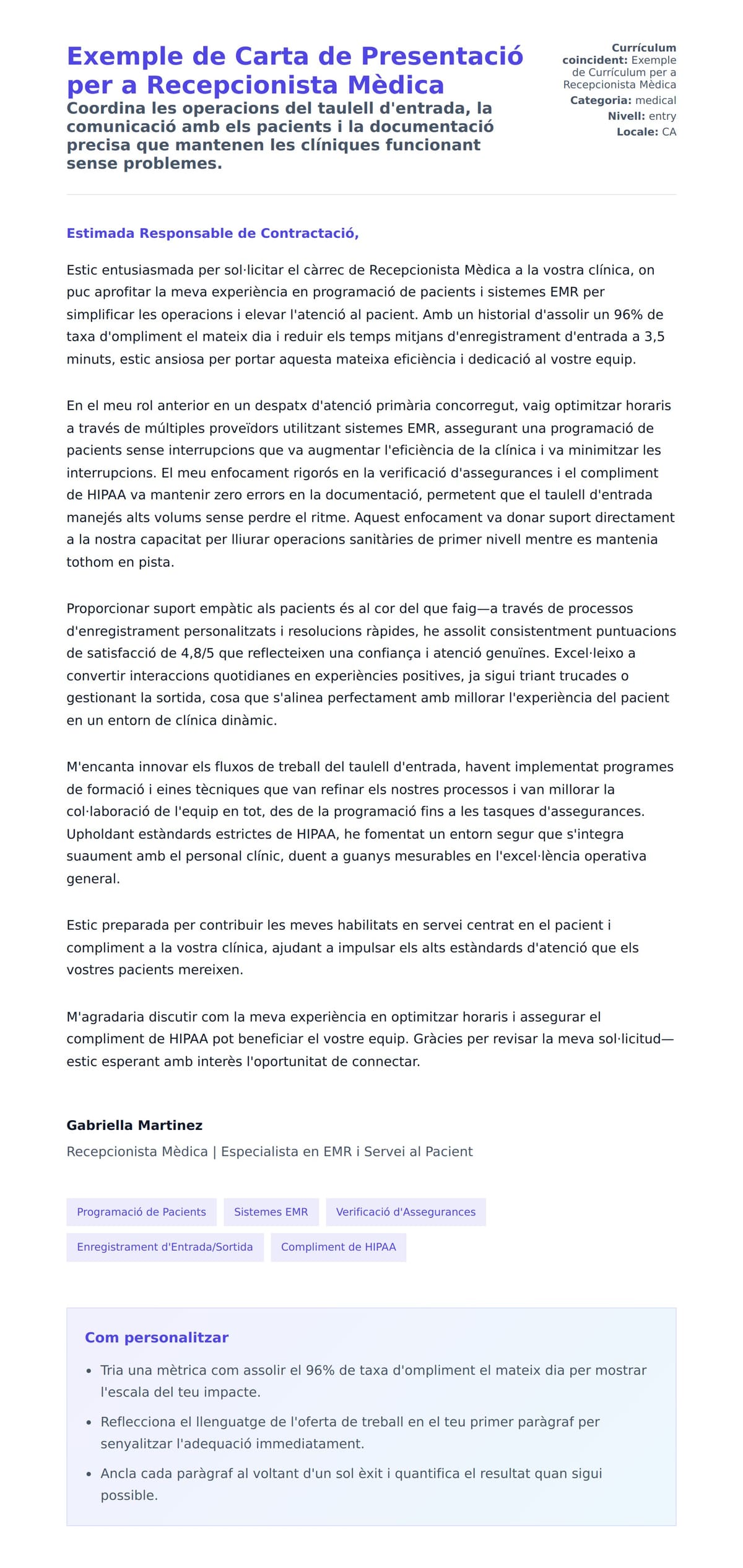 Previsualització de la carta de presentació per a Exemple de Carta de Presentació per a Recepcionista Mèdica
