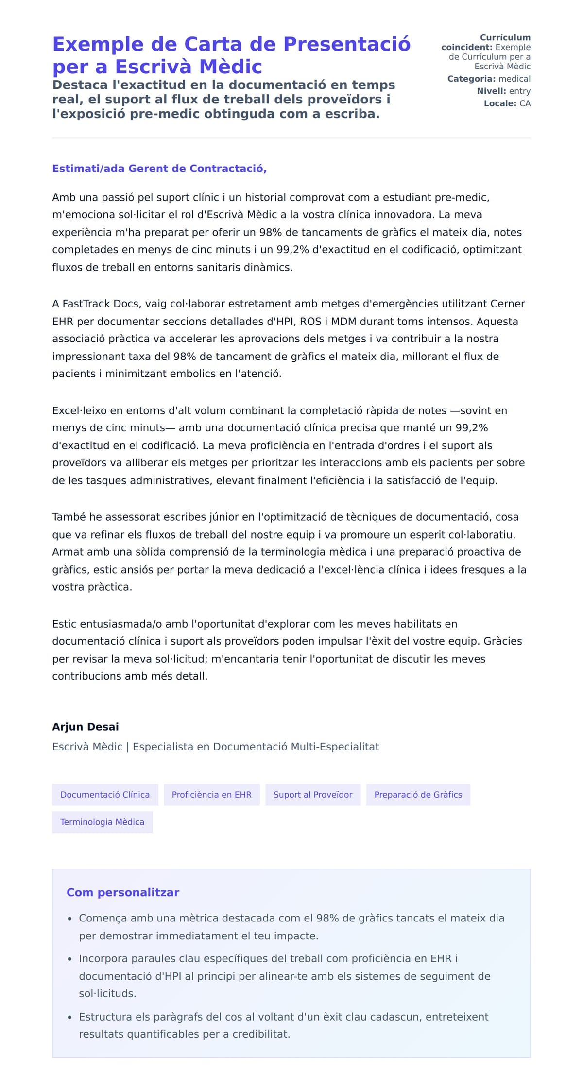 Previsualització de la carta de presentació per a Exemple de Carta de Presentació per a Escrivà Mèdic