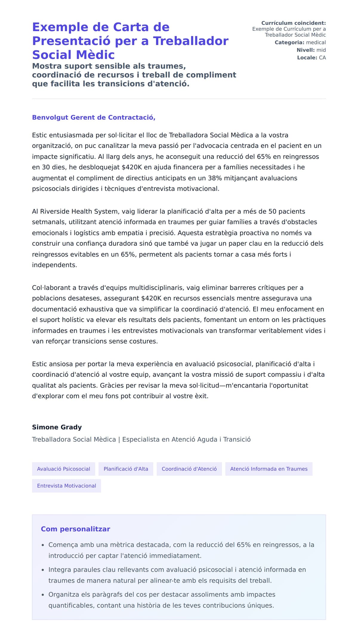 Previsualització de la carta de presentació per a Exemple de Carta de Presentació per a Treballador Social Mèdic