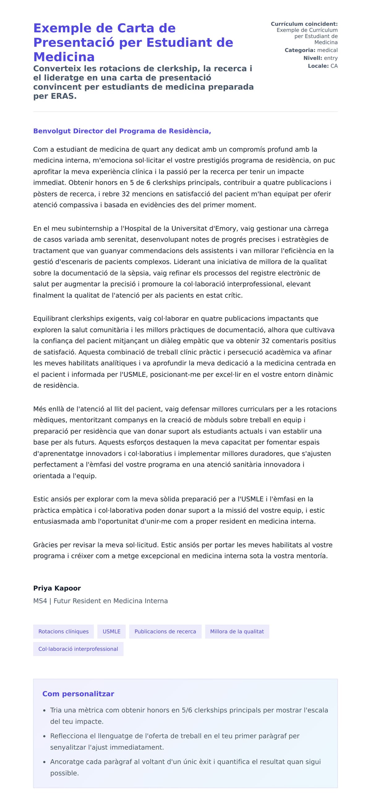 Previsualització de la carta de presentació per a Exemple de Carta de Presentació per Estudiant de Medicina