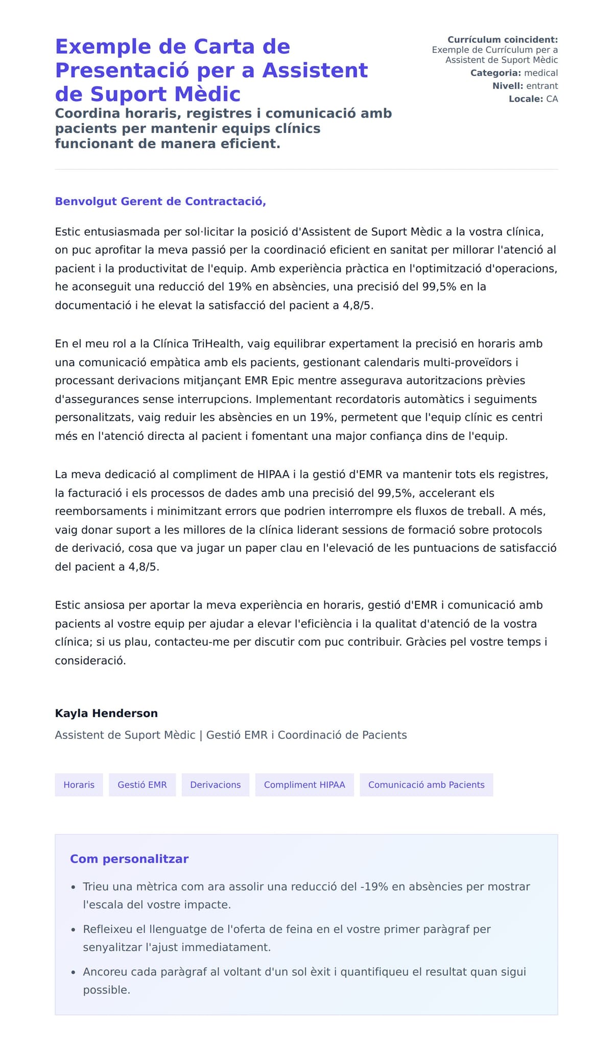 Previsualització de la carta de presentació per a Exemple de Carta de Presentació per a Assistent de Suport Mèdic