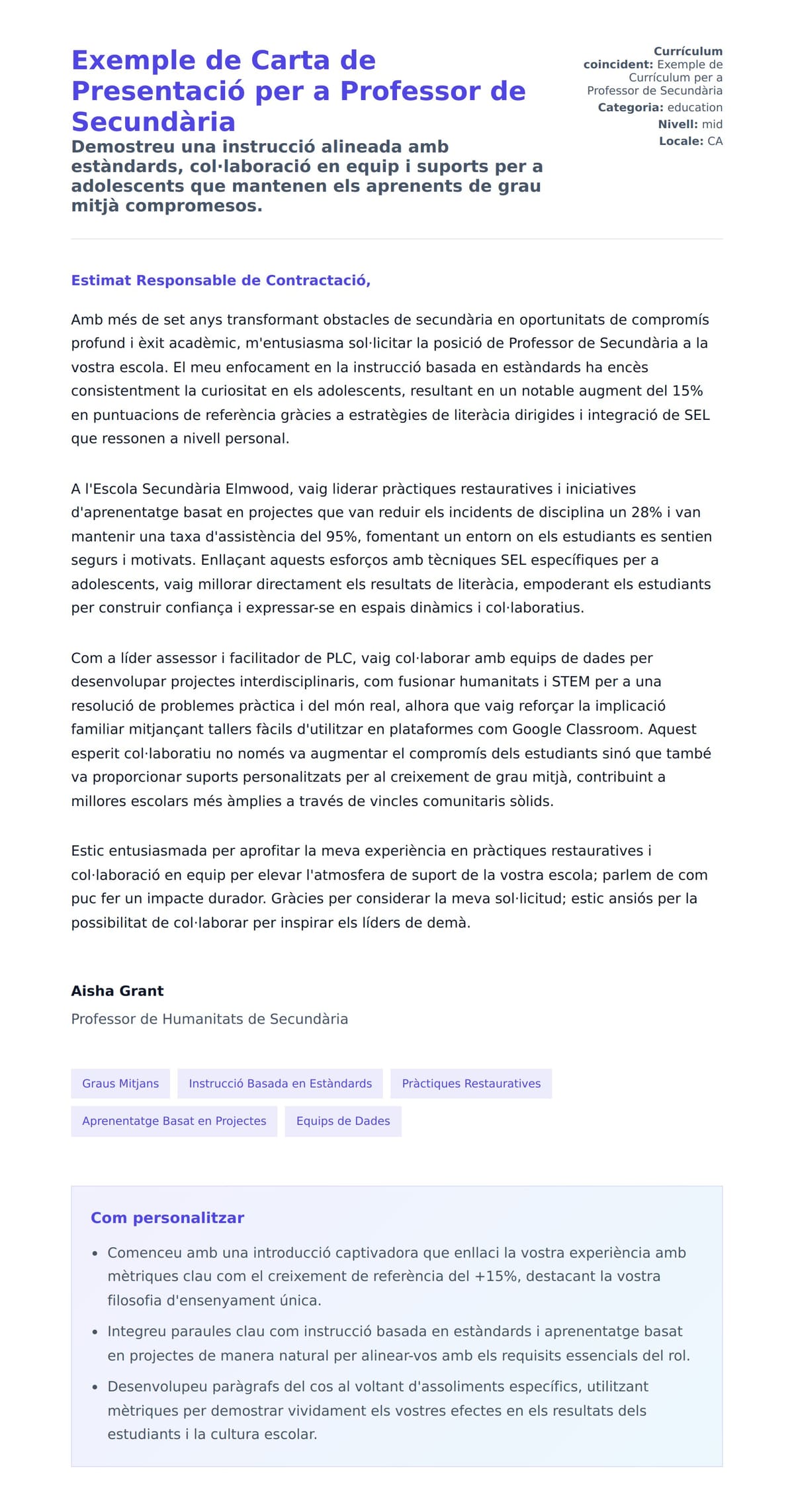 Previsualització de la carta de presentació per a Exemple de Carta de Presentació per a Professor de Secundària