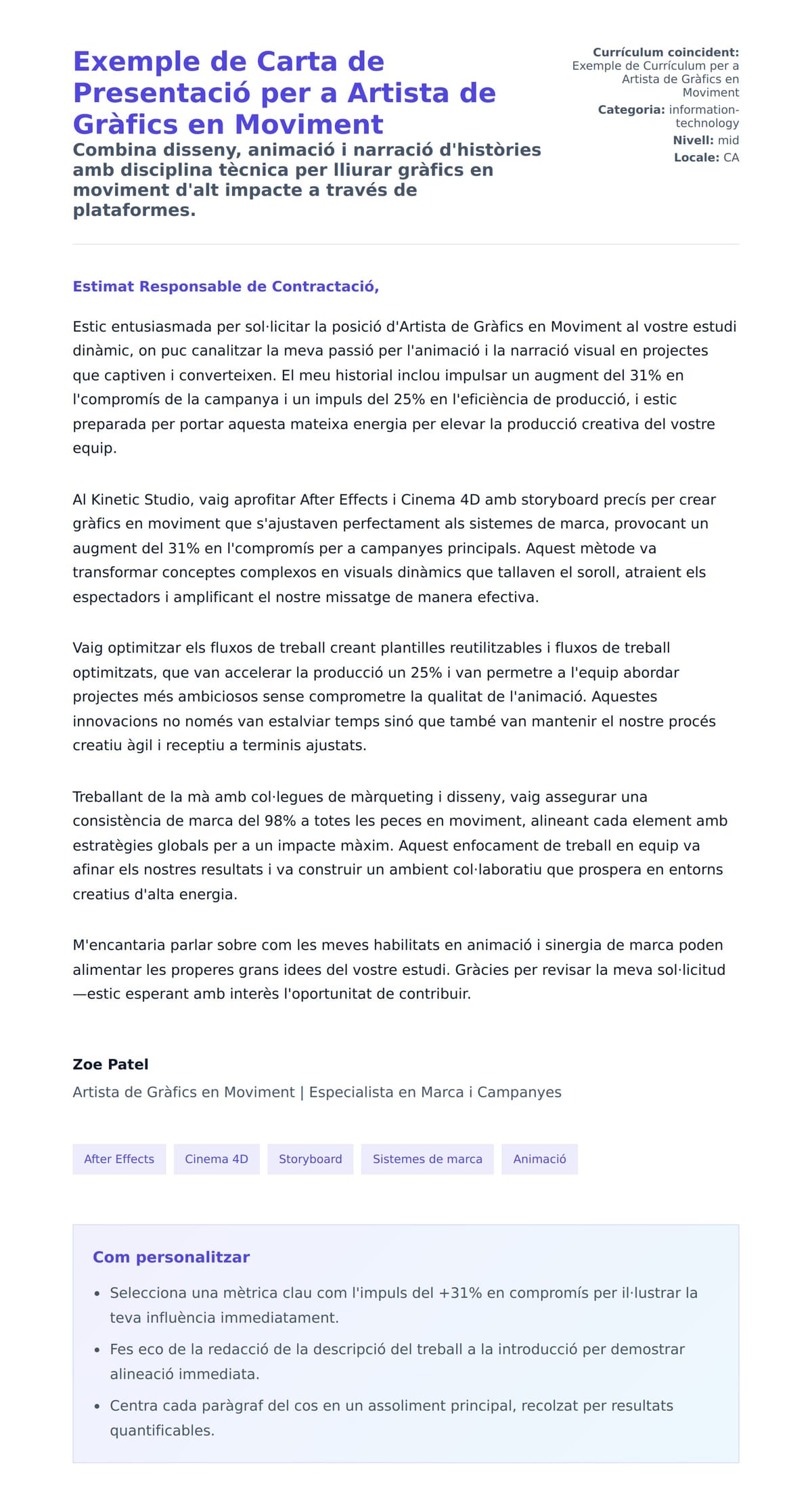 Previsualització de la carta de presentació per a Exemple de Carta de Presentació per a Artista de Gràfics en Moviment