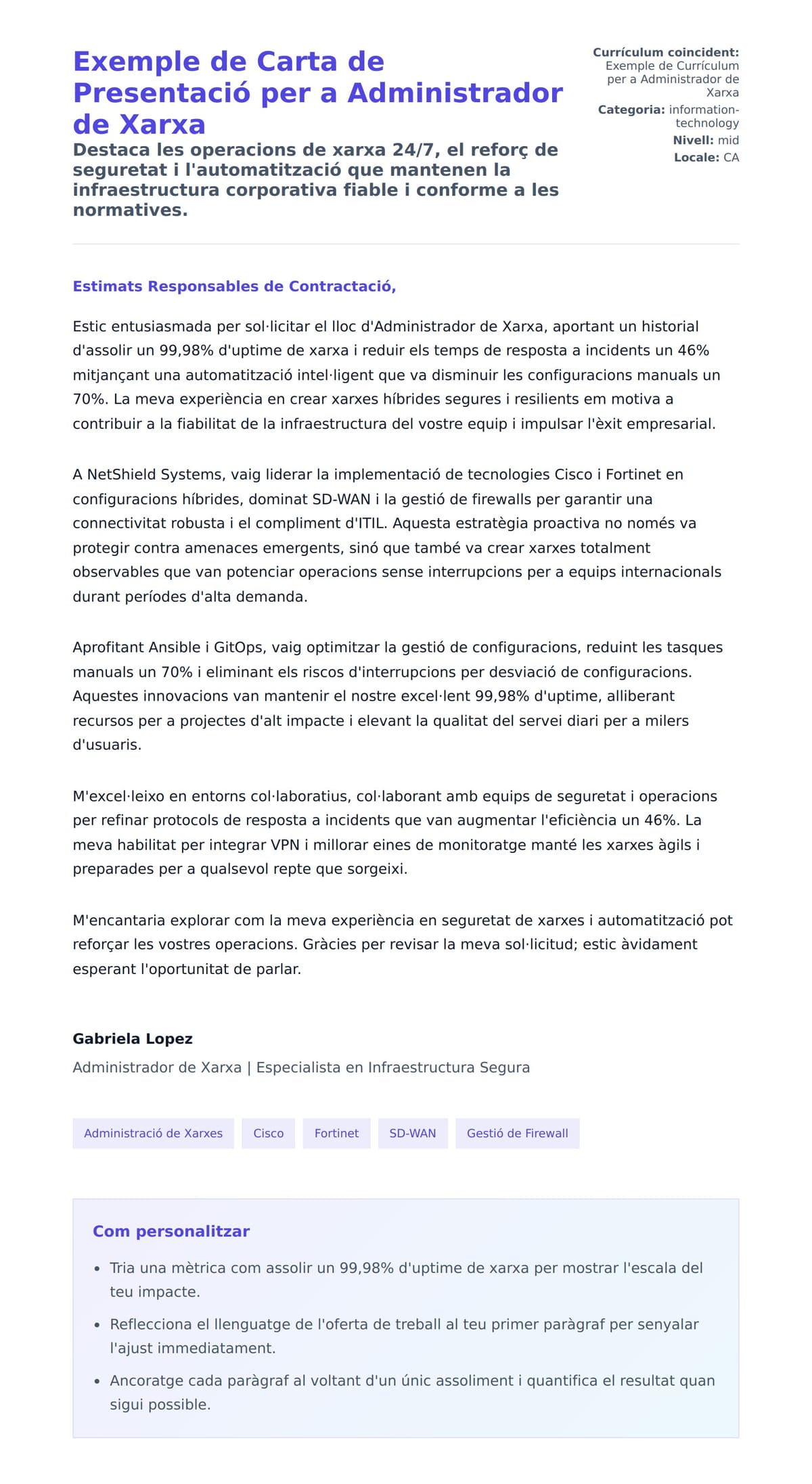 Previsualització de la carta de presentació per a Exemple de Carta de Presentació per a Administrador de Xarxa