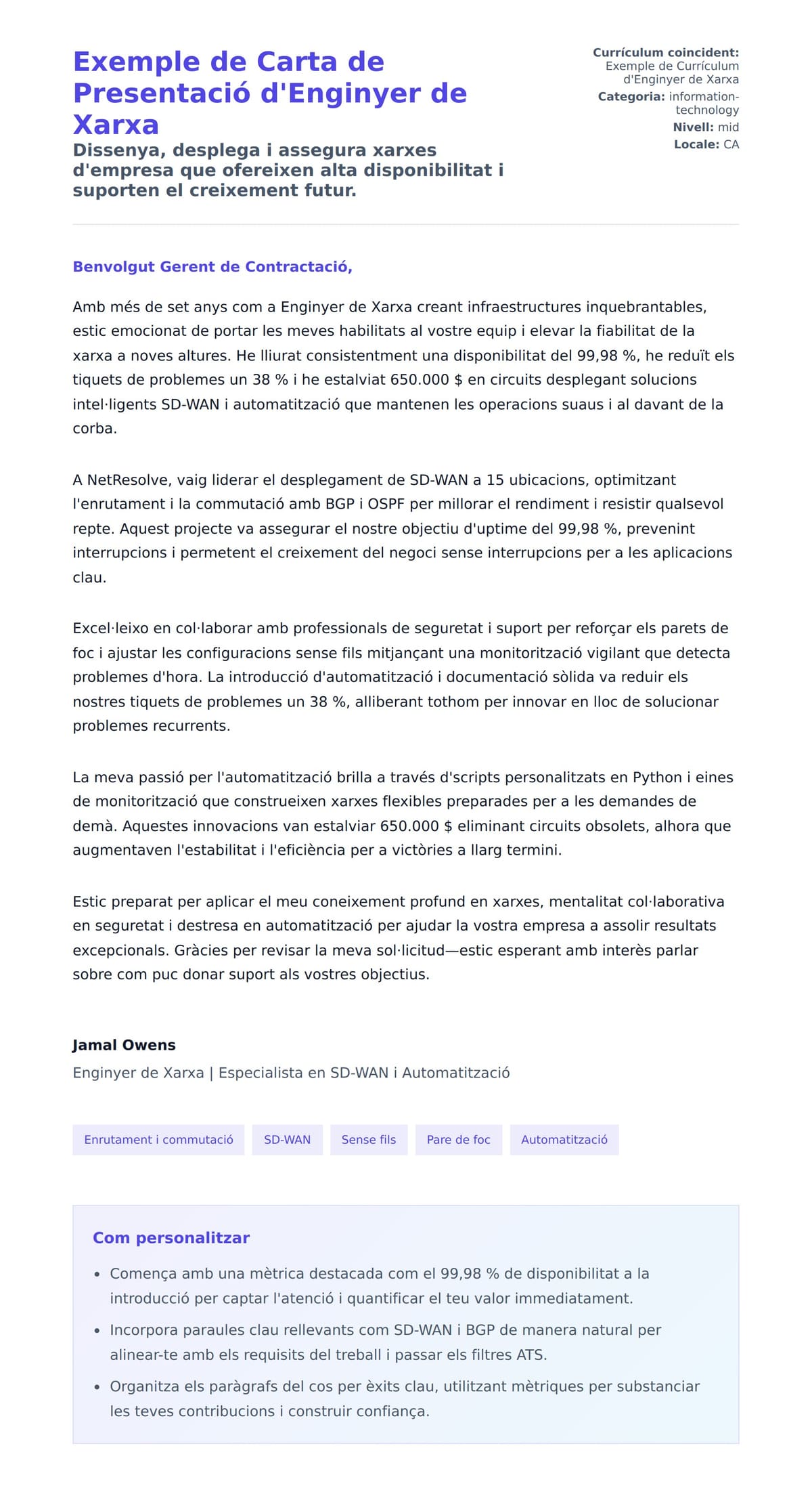 Previsualització de la carta de presentació per a Exemple de Carta de Presentació d'Enginyer de Xarxa