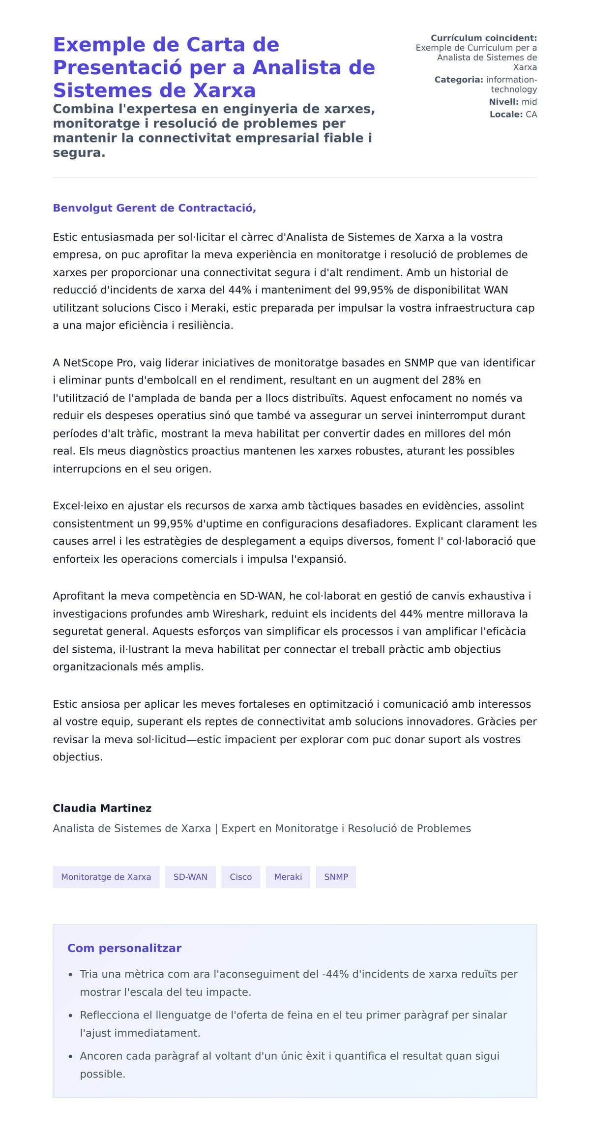 Previsualització de la carta de presentació per a Exemple de Carta de Presentació per a Analista de Sistemes de Xarxa