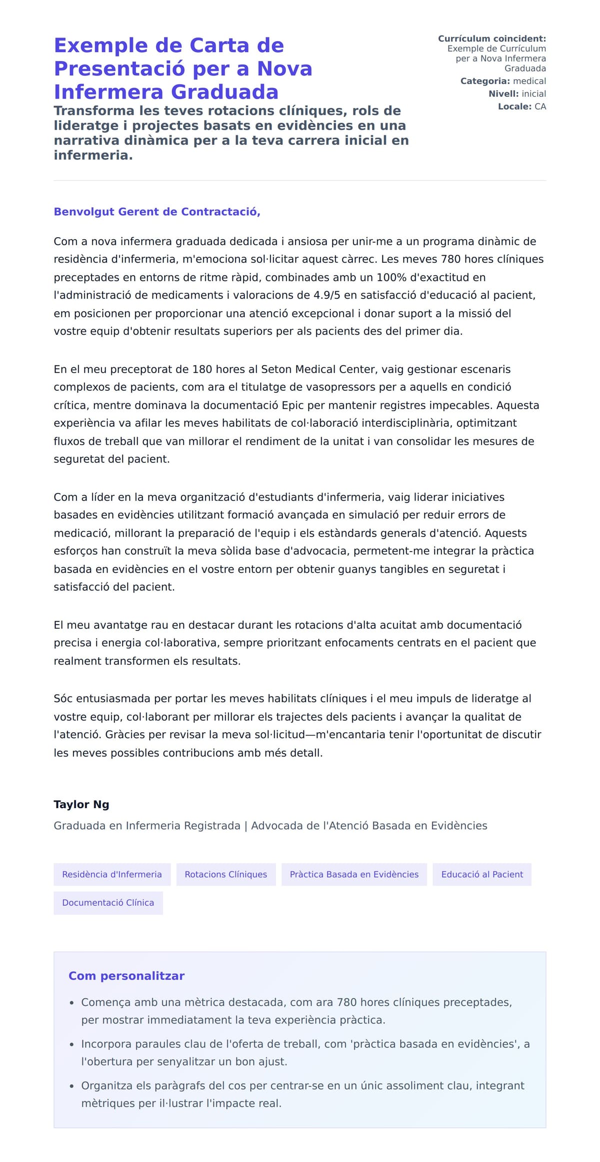 Previsualització de la carta de presentació per a Exemple de Carta de Presentació per a Nova Infermera Graduada