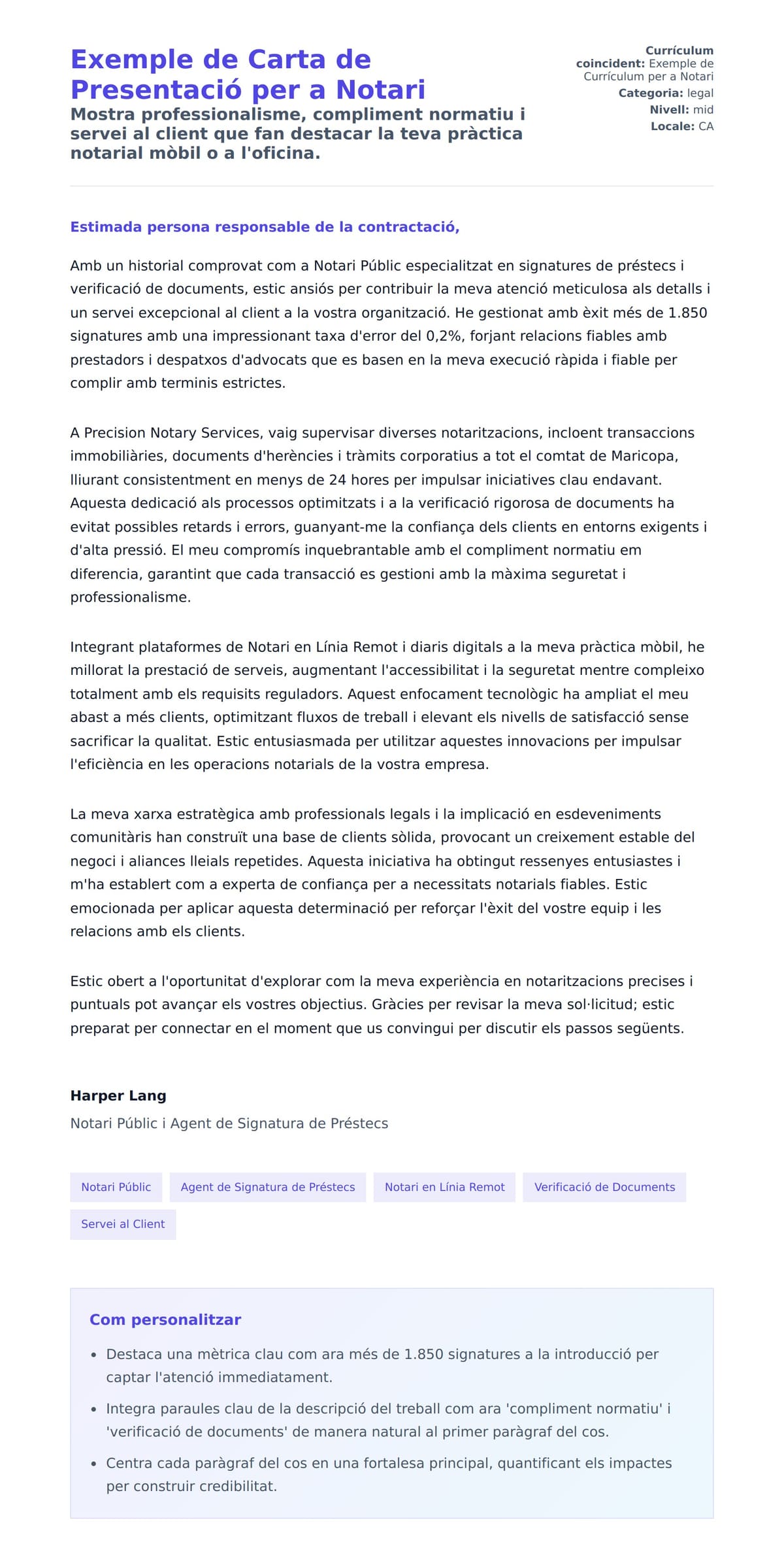 Previsualització de la carta de presentació per a Exemple de Carta de Presentació per a Notari