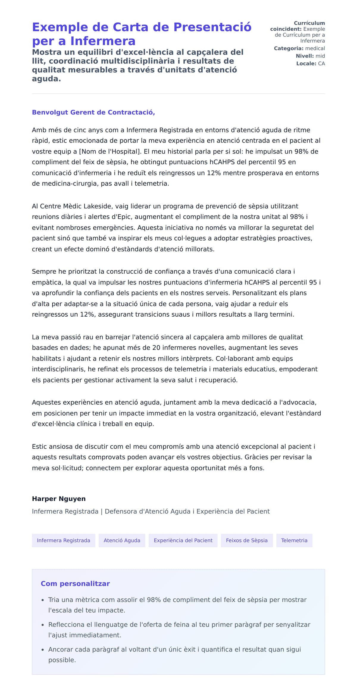 Previsualització de la carta de presentació per a Exemple de Carta de Presentació per a Infermera