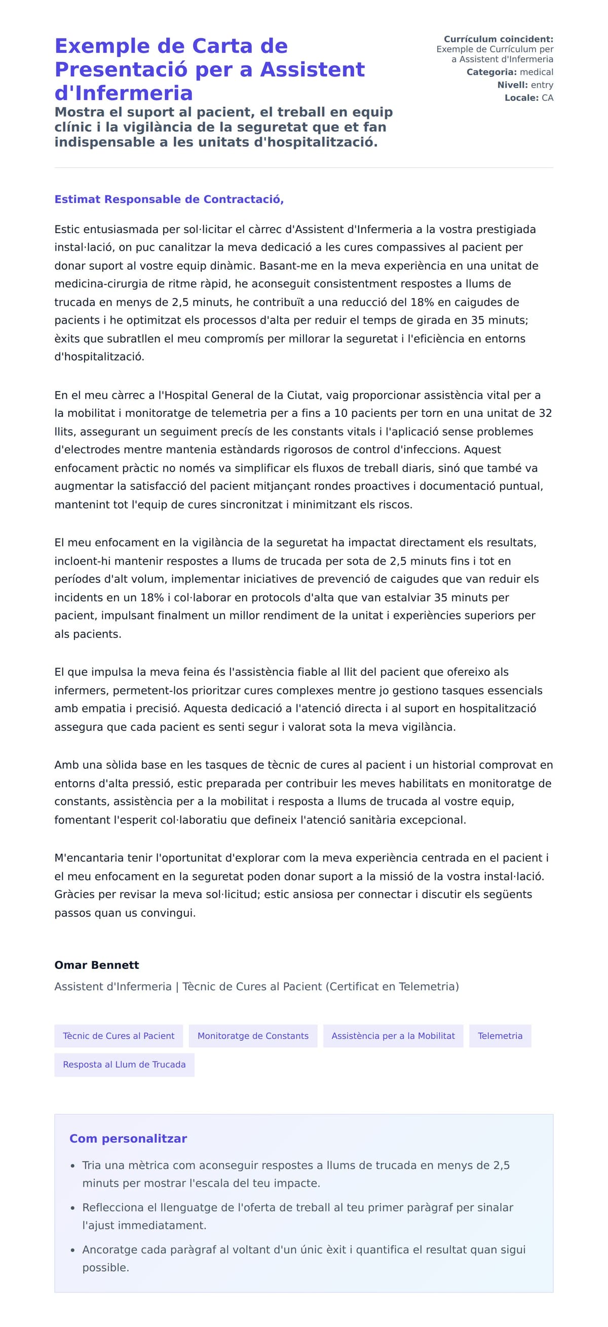 Previsualització de la carta de presentació per a Exemple de Carta de Presentació per a Assistent d'Infermeria