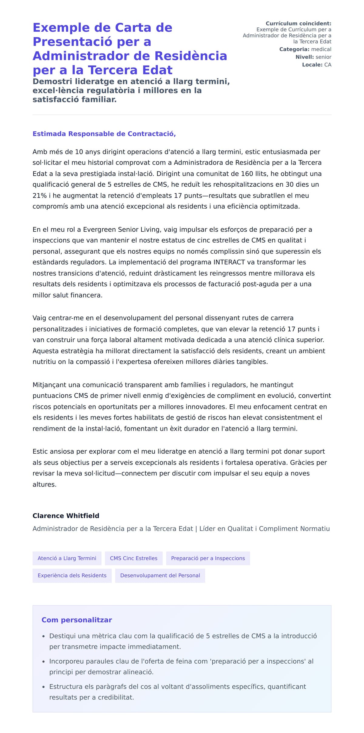Previsualització de la carta de presentació per a Exemple de Carta de Presentació per a Administrador de Residència per a la Tercera Edat